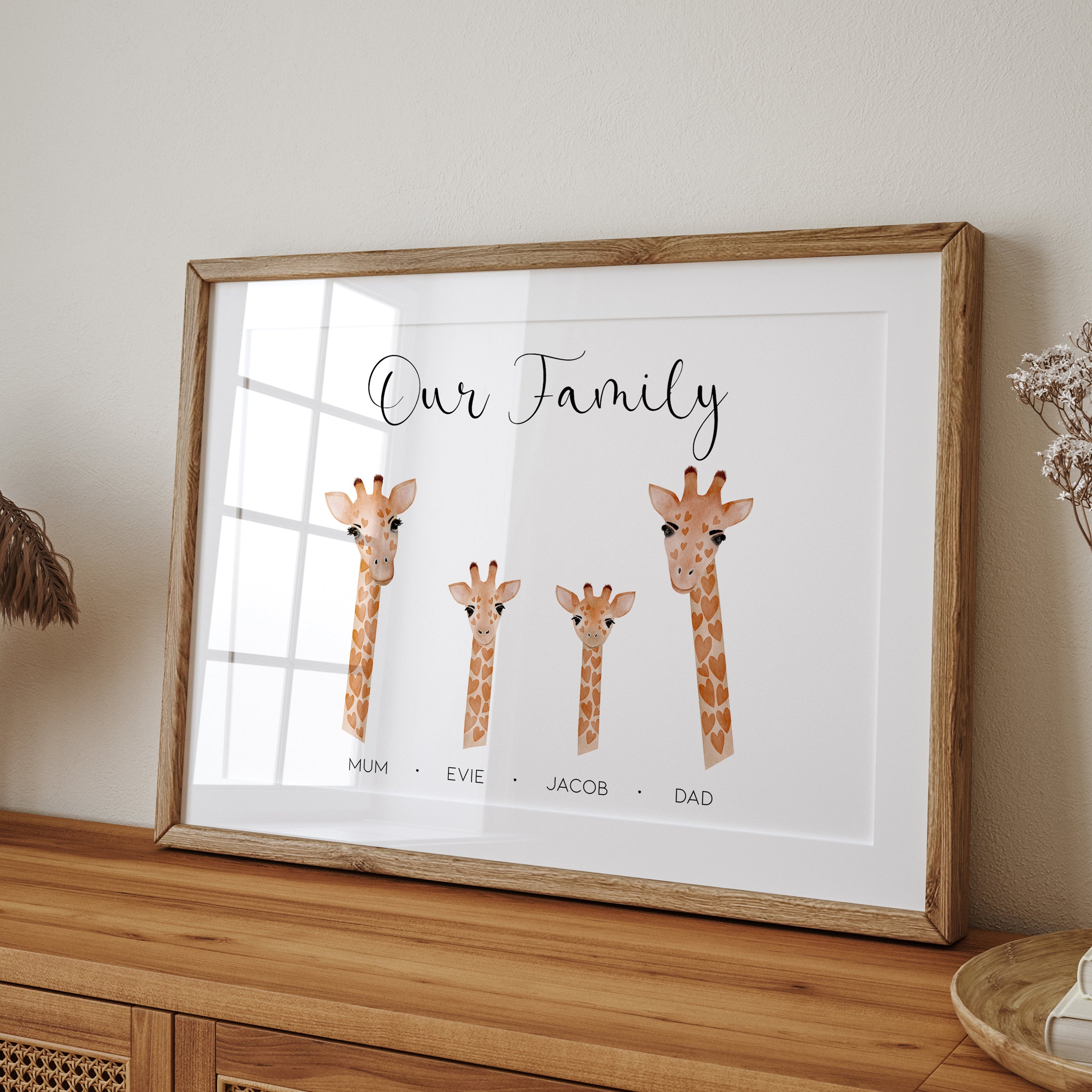 Personalised Family Giraffe Print shown in alternative colour or size options