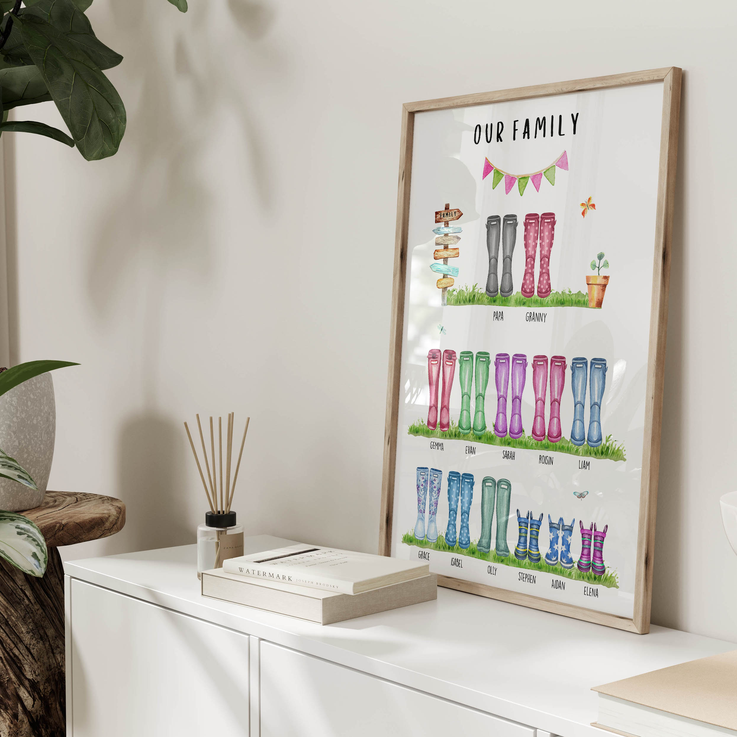 Personalised family tree welly boot print showing alternative colour or layout