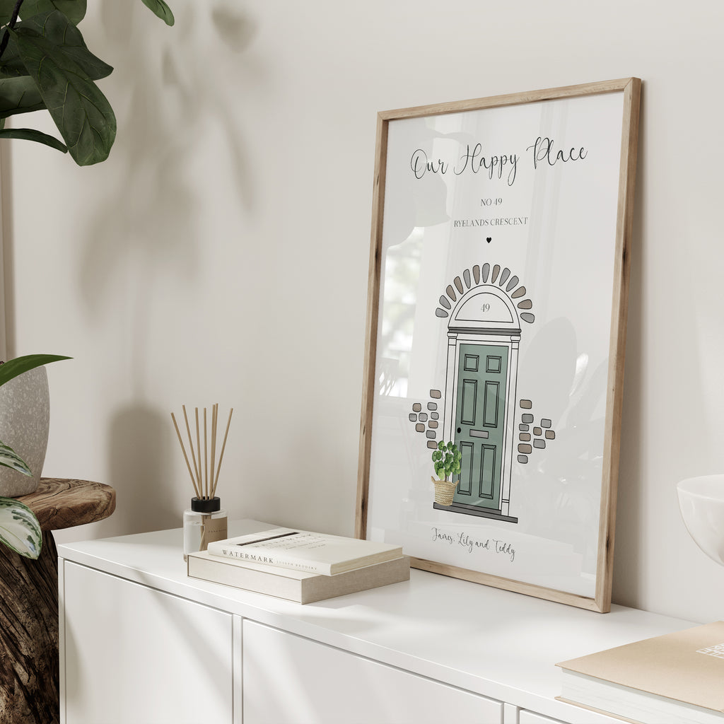 Personalised front door print available in multiple door colours and house styles