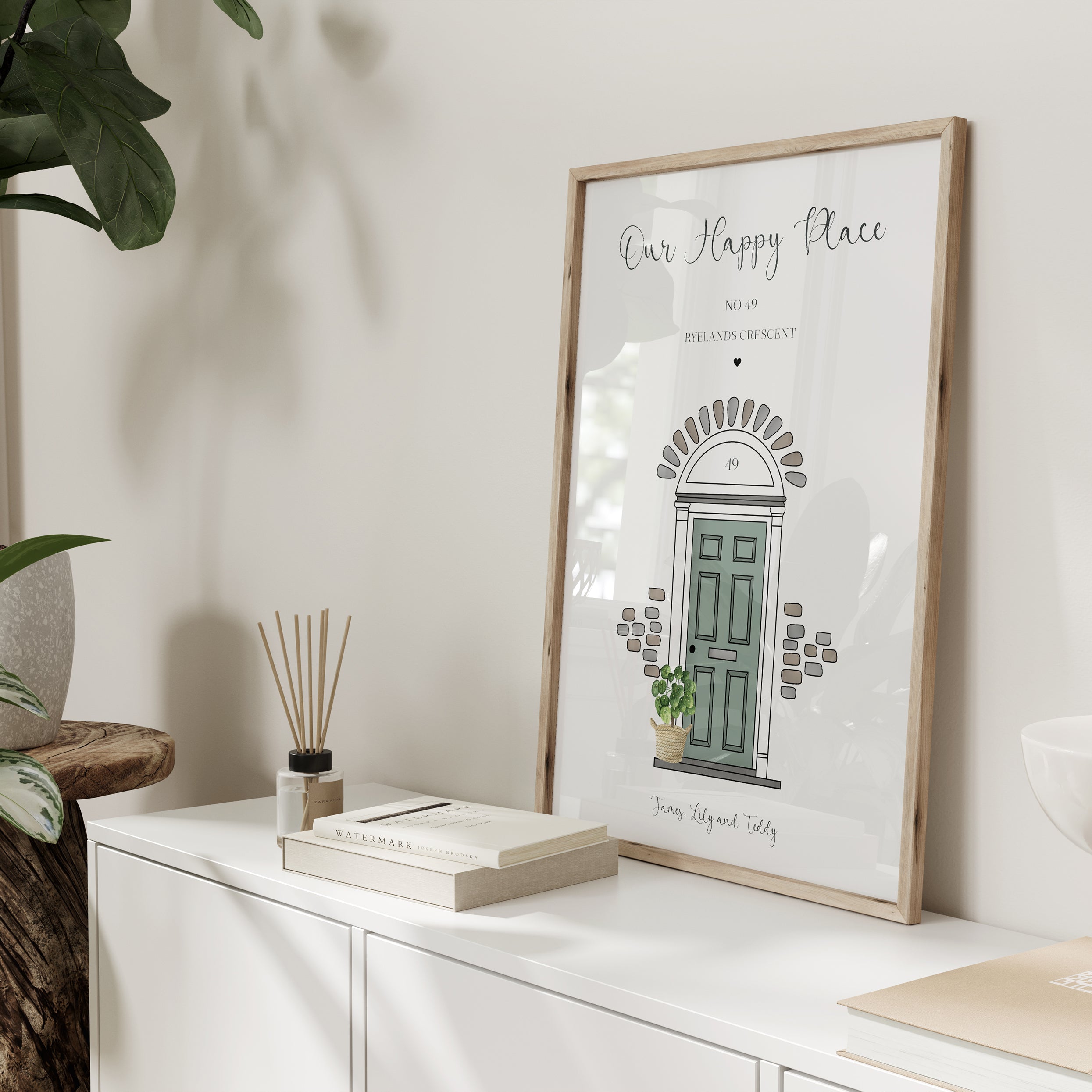 Personalised front door print available in multiple door colours and house styles