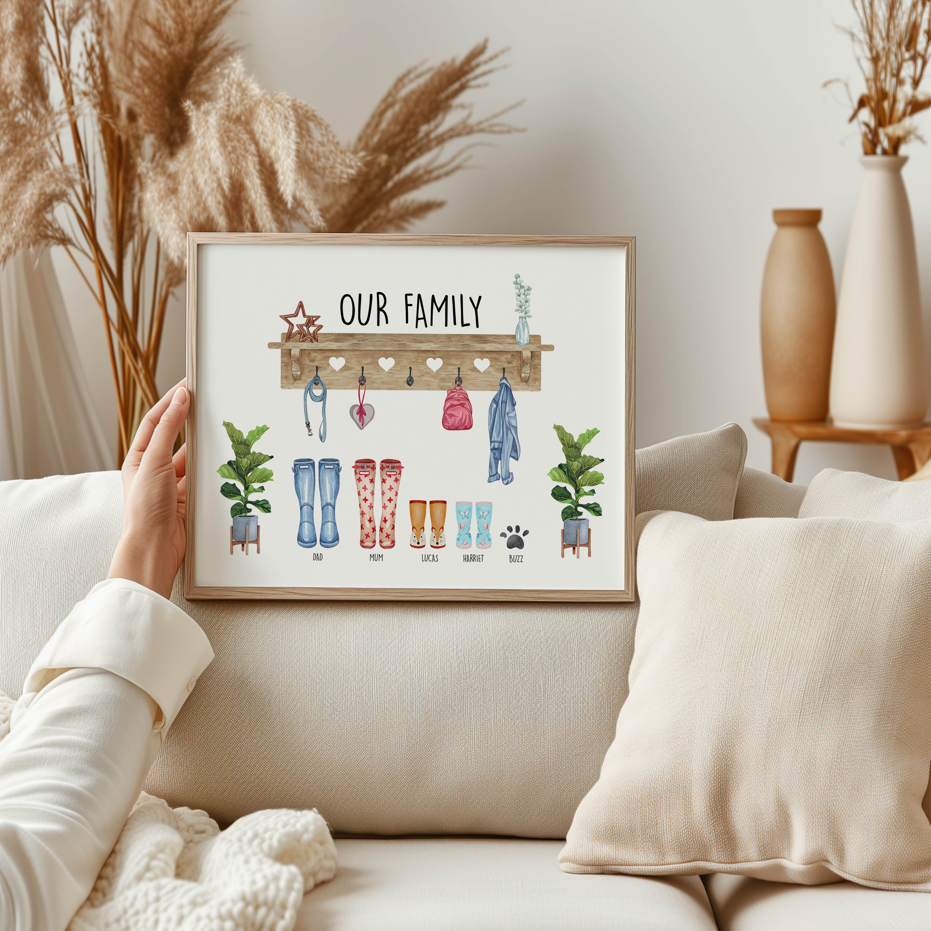 Close-up of illustrated wellies, coats and accessories with names