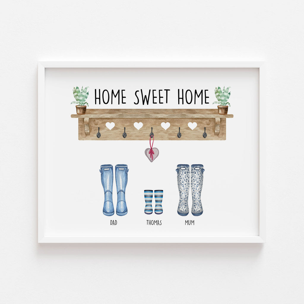 Custom personalised Our Family Print featuring wellies, coats and hanging accessories