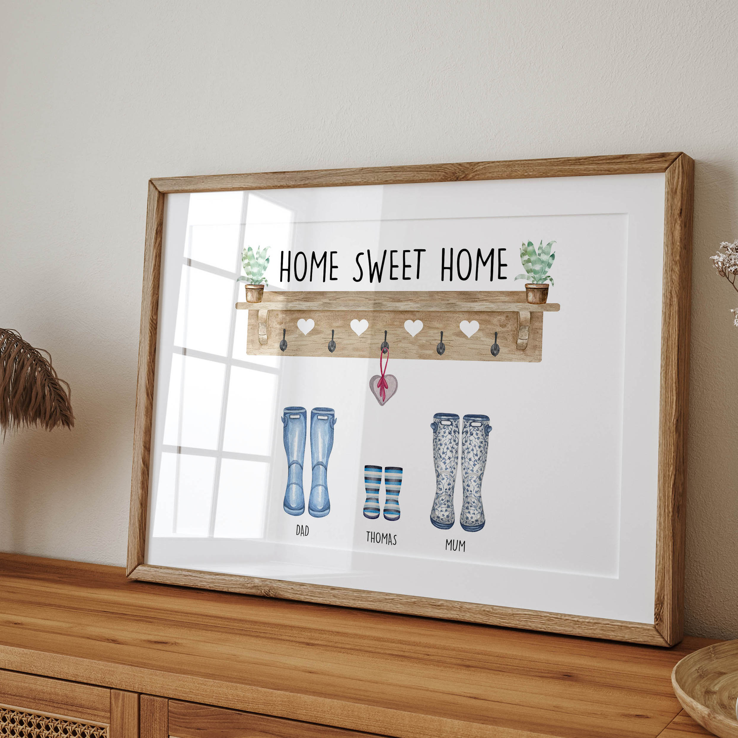 Personalised Our Family Welly and Coat Print shown in different colour and layout options