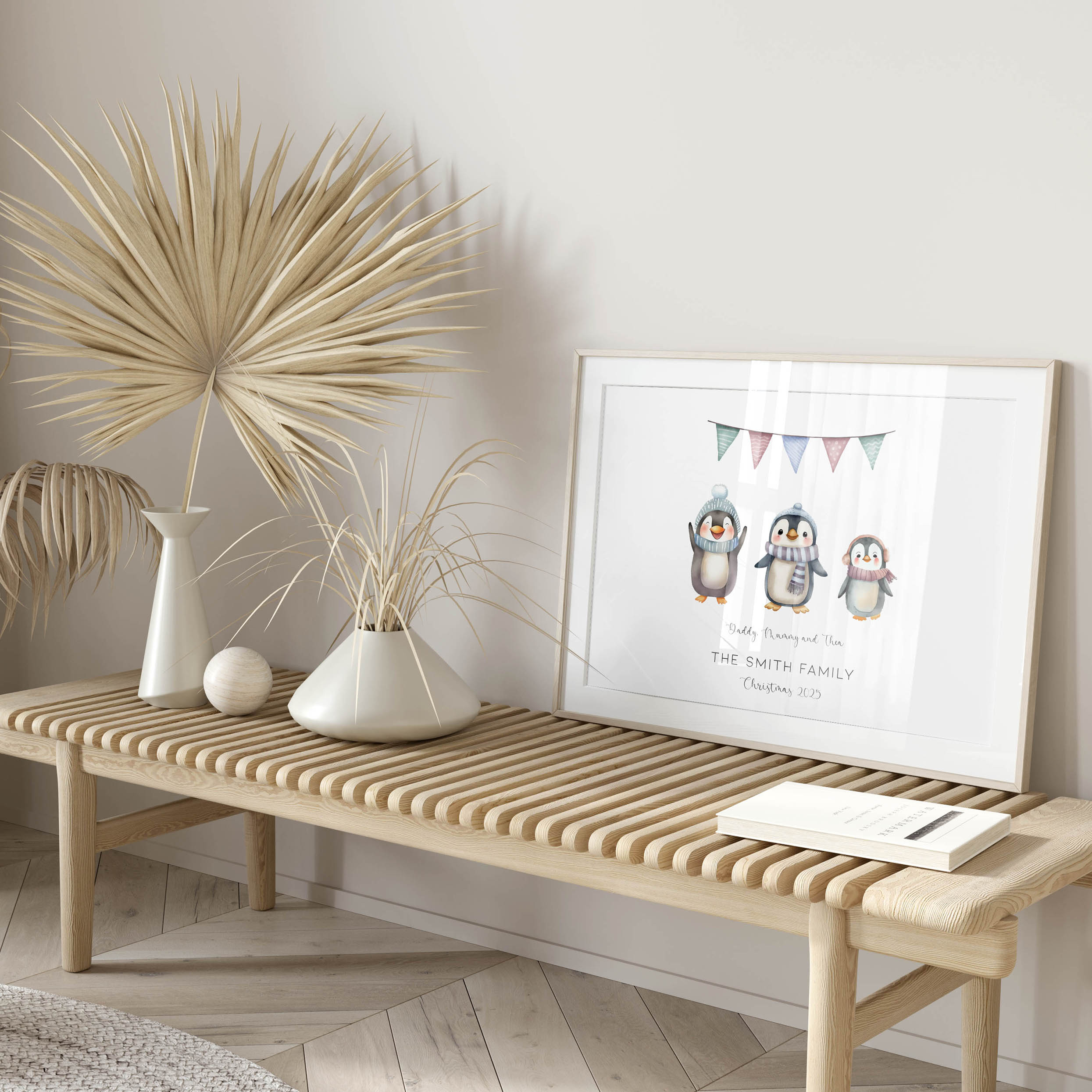 Personalised penguin family Christmas print available for different family sizes