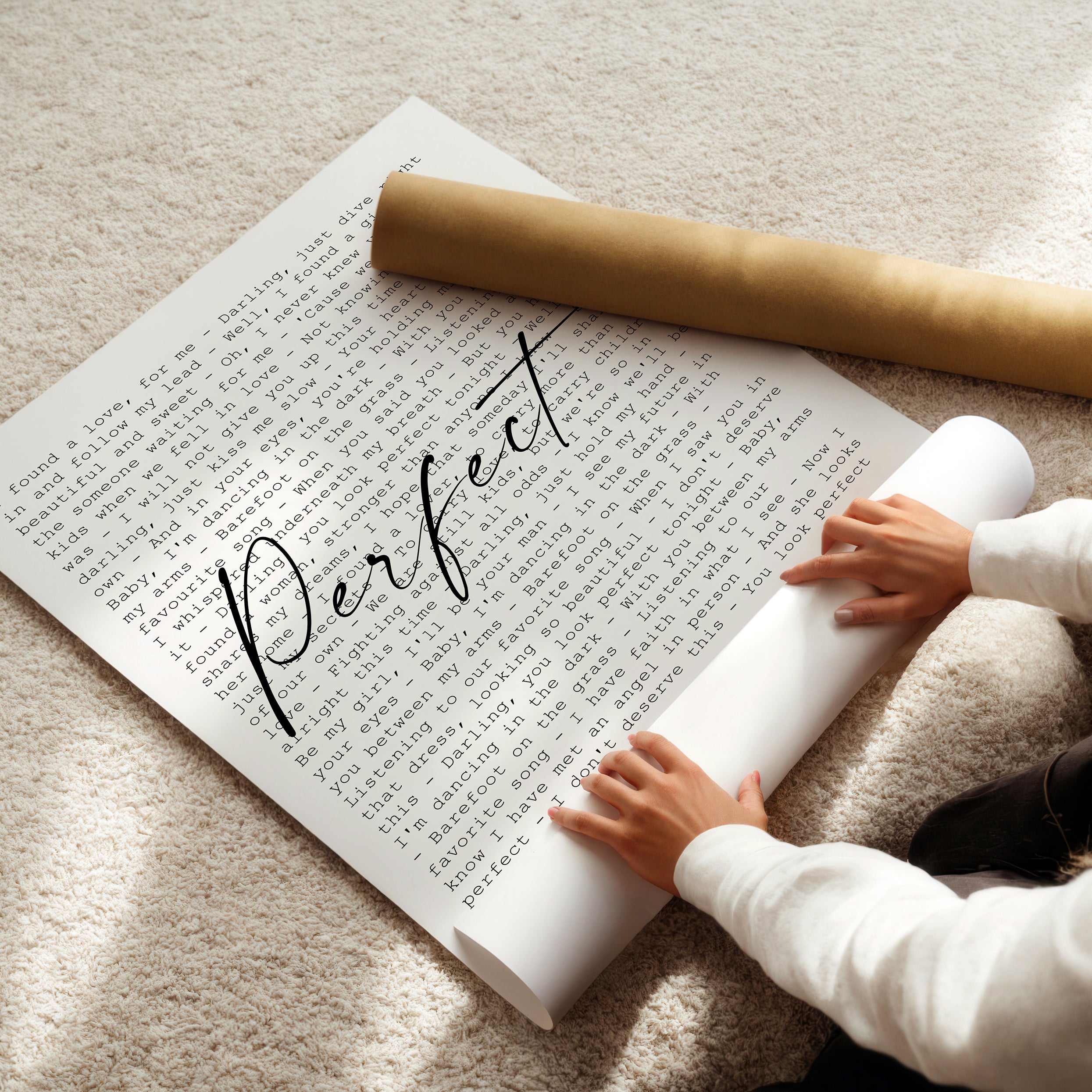 Close-up view of custom song lyrics printed on high-quality matte paper