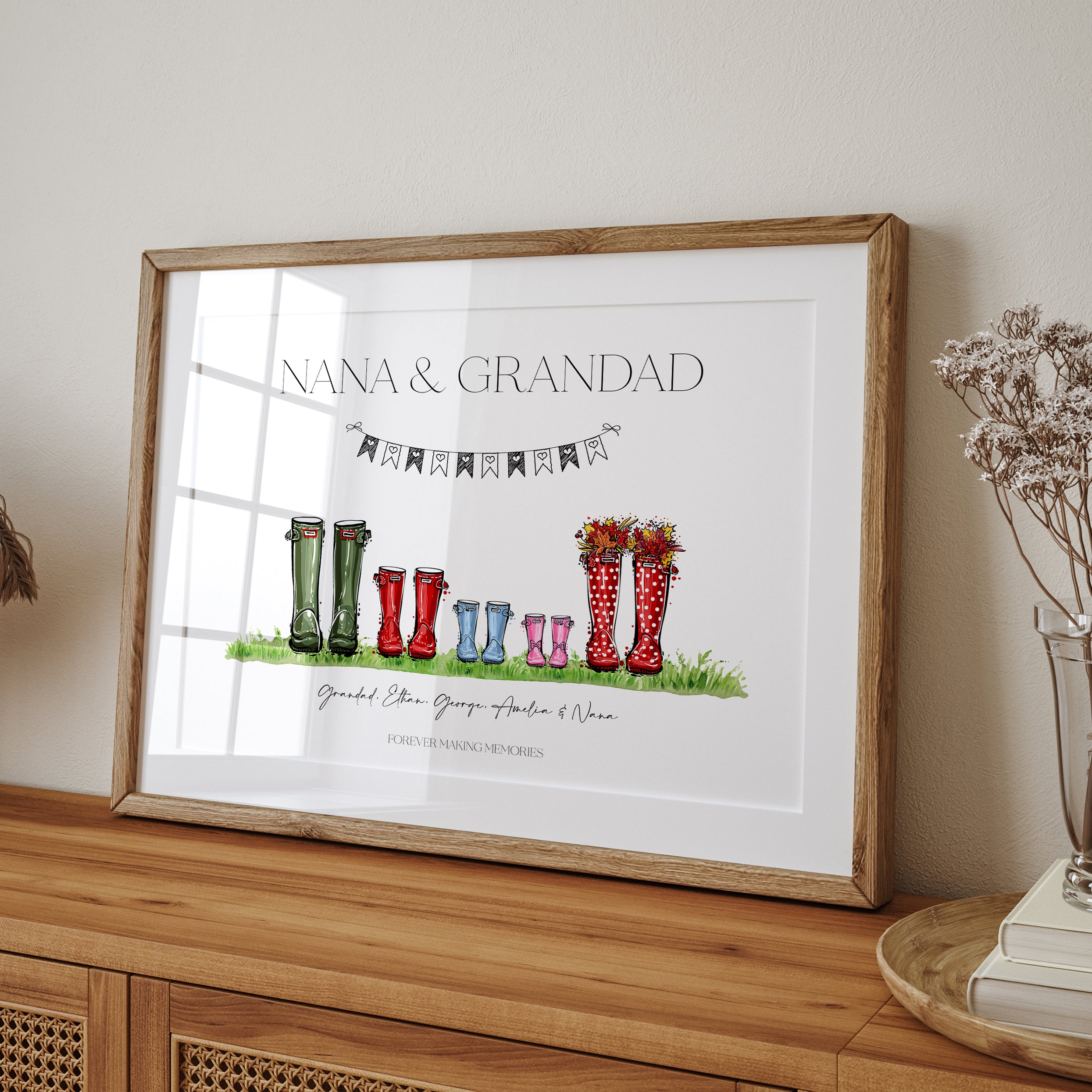 Close-up of illustrated wellies with family names on Nana and Grandad print