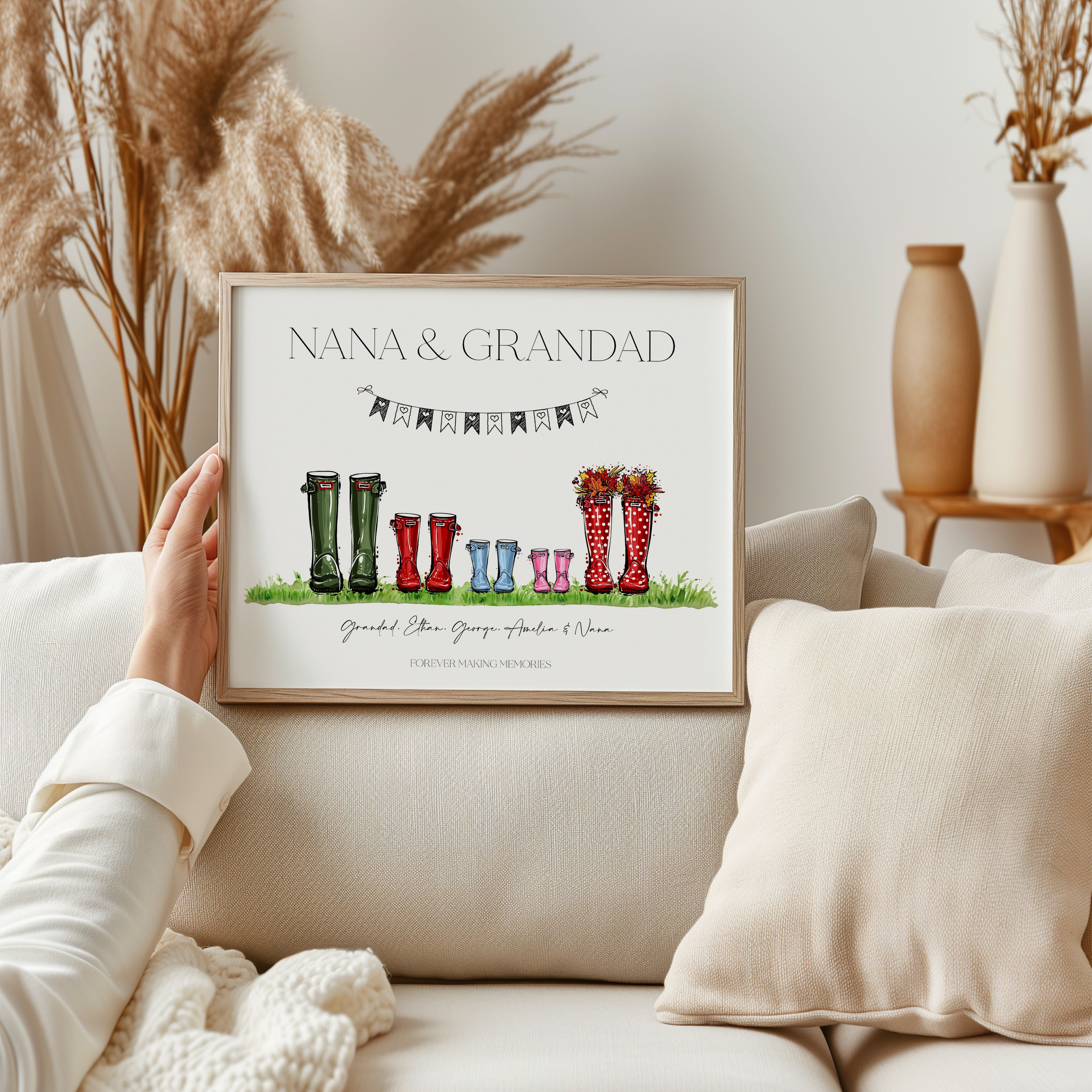 Personalised Welly Boot Print available in multiple colour and family options