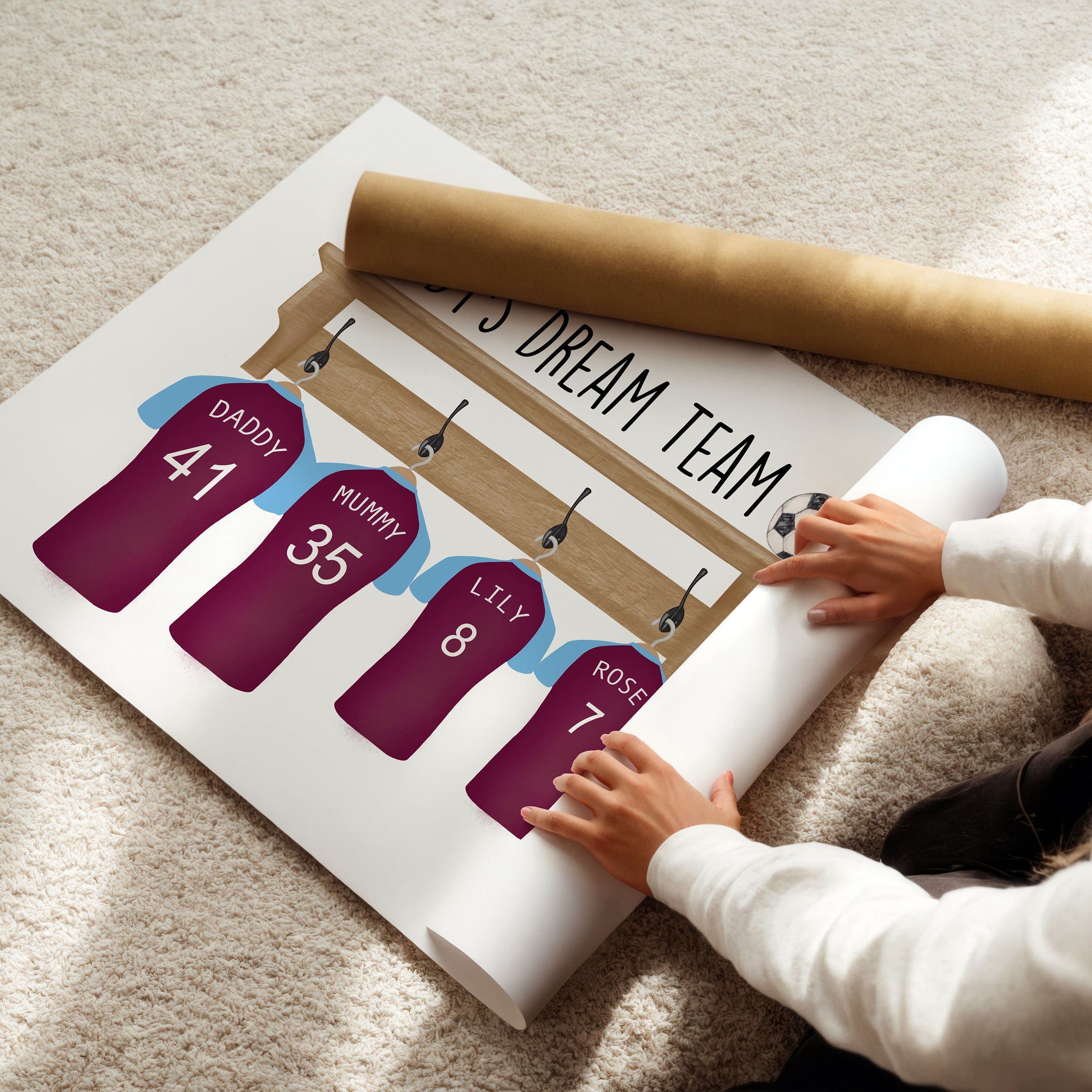 Unframed personalised Dad’s football print flatlay showing design details
