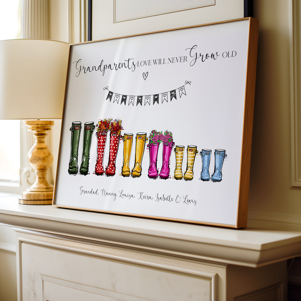 Personalised welly boot print styled with home decor accessories and flowers