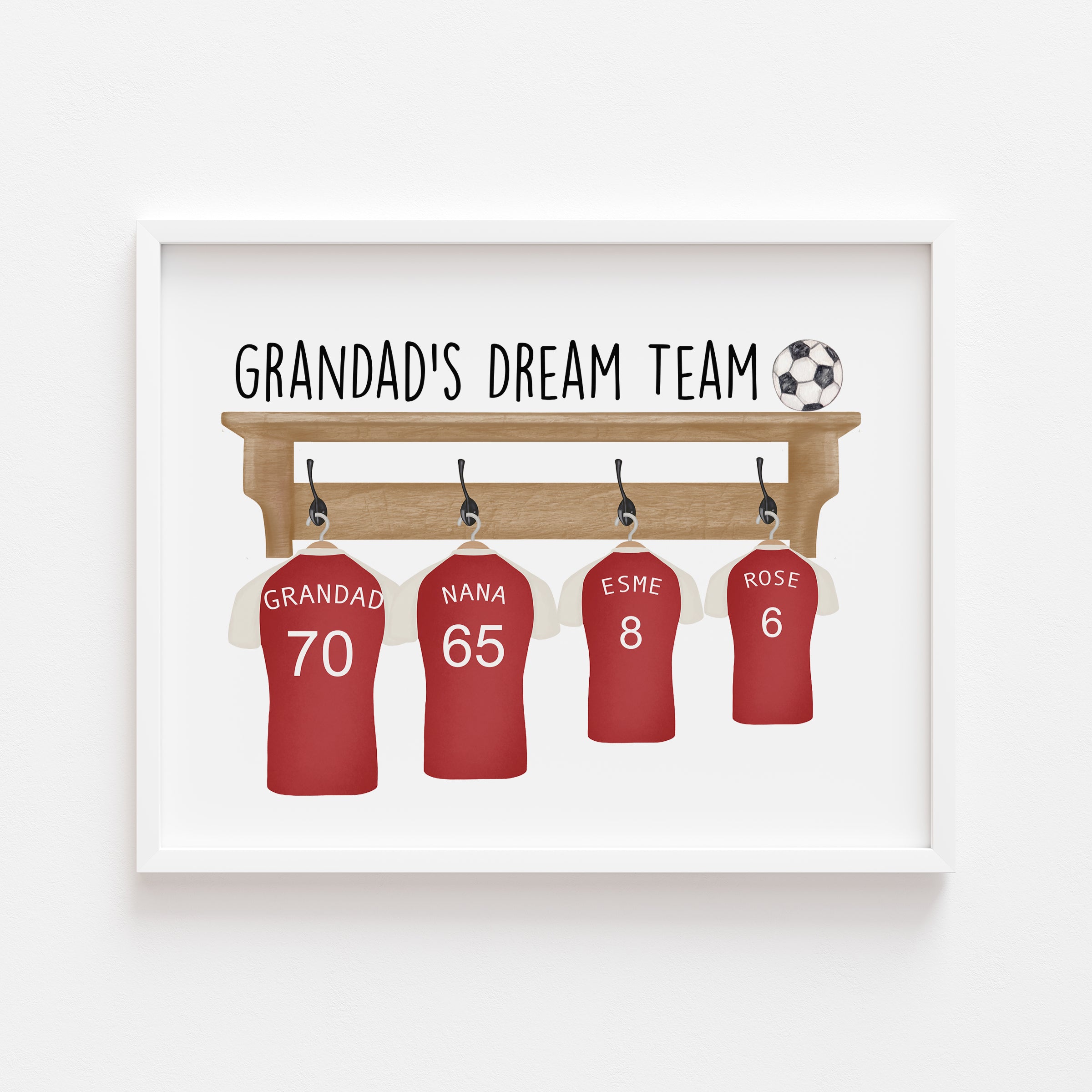 Framed personalised Grandad’s Team Football Print displayed as wall art