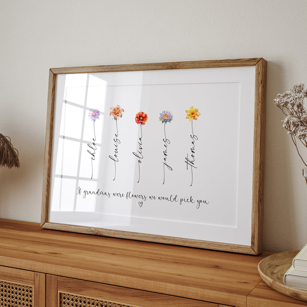 Close-up of illustrated birth flowers on Grandma’s personalised print