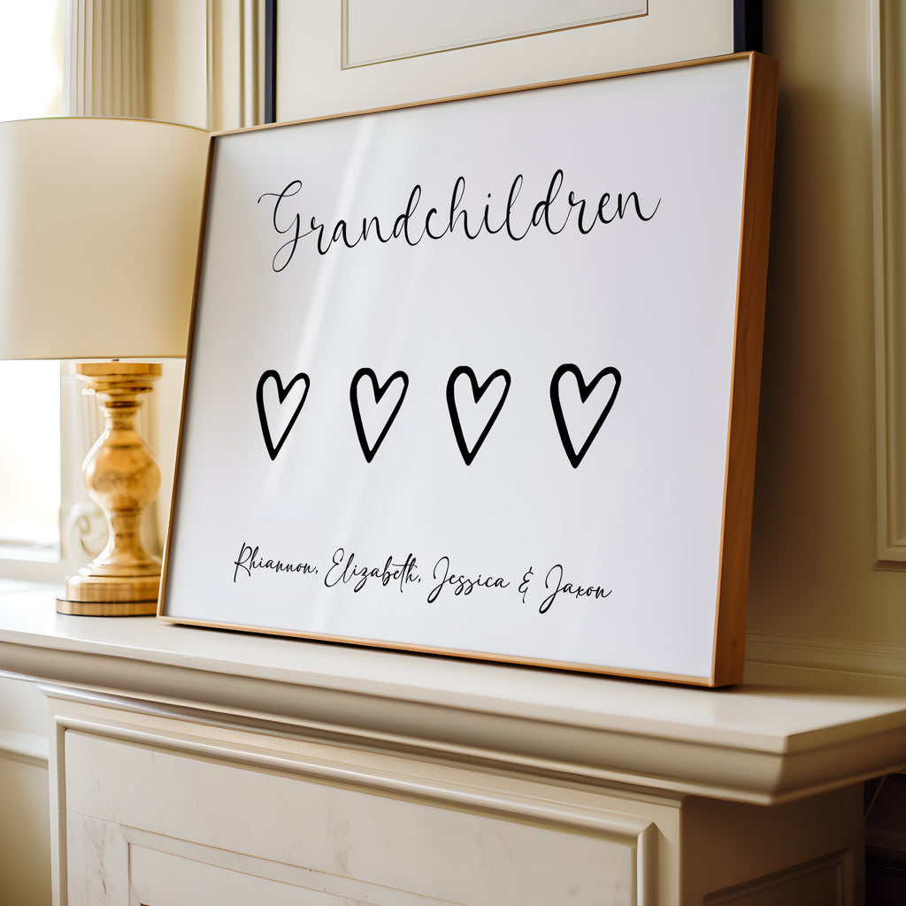 Framed personalised grandchildren print for Grandma displayed as wall art
