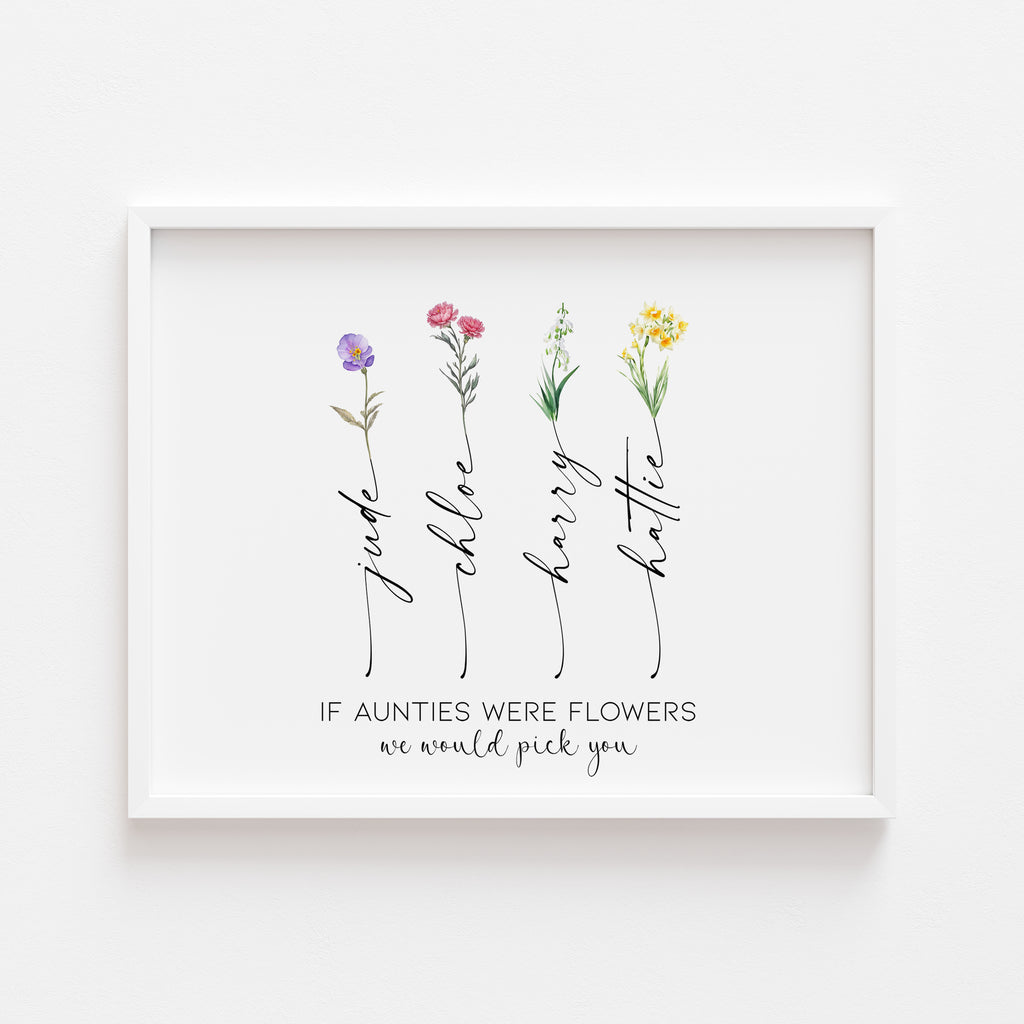 Personalised “If Aunties Were Flowers” print featuring nieces’ and nephews’ birth flowers