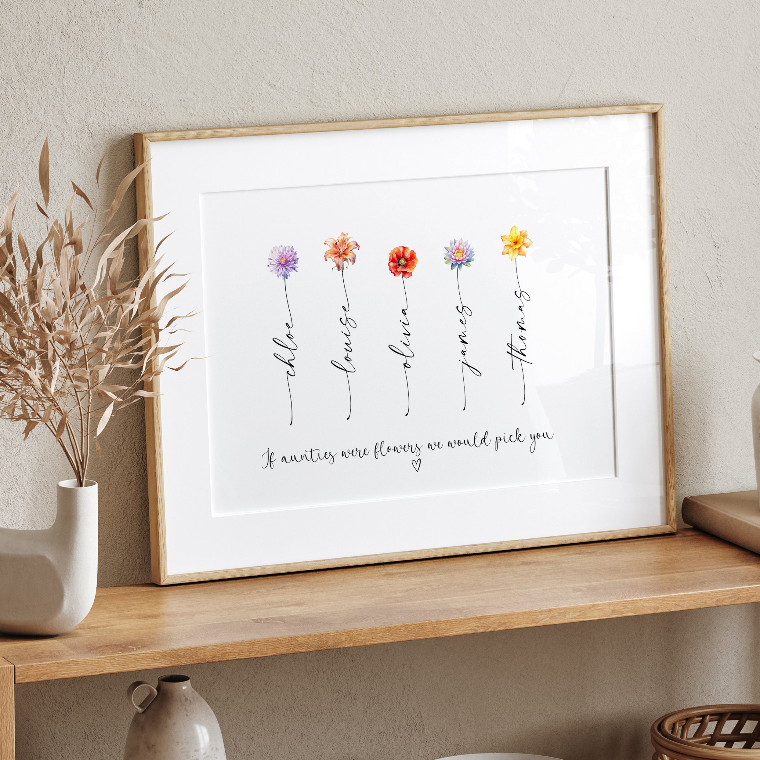 If Aunties Were Flowers personalised print shown in an alternative colour palette