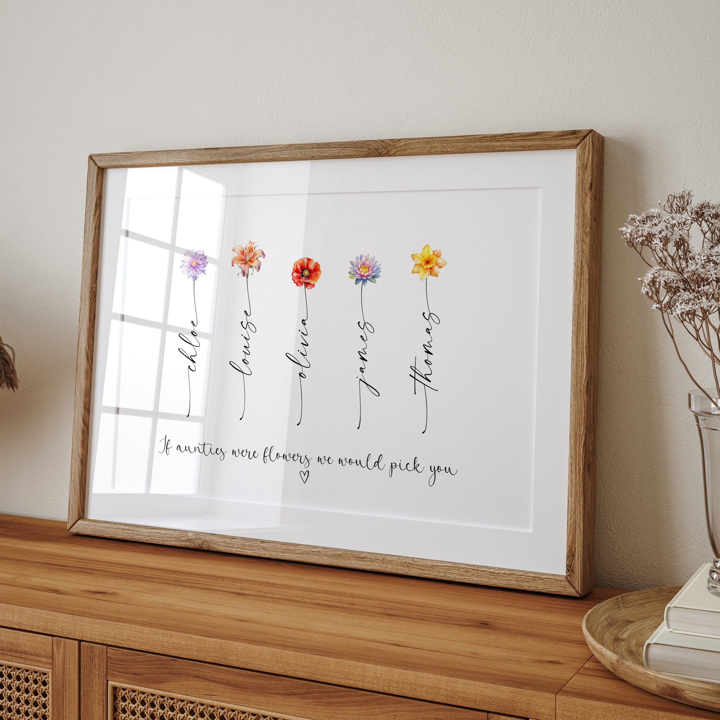 Personalised Auntie birth flower print styled with candles and home decor accessories