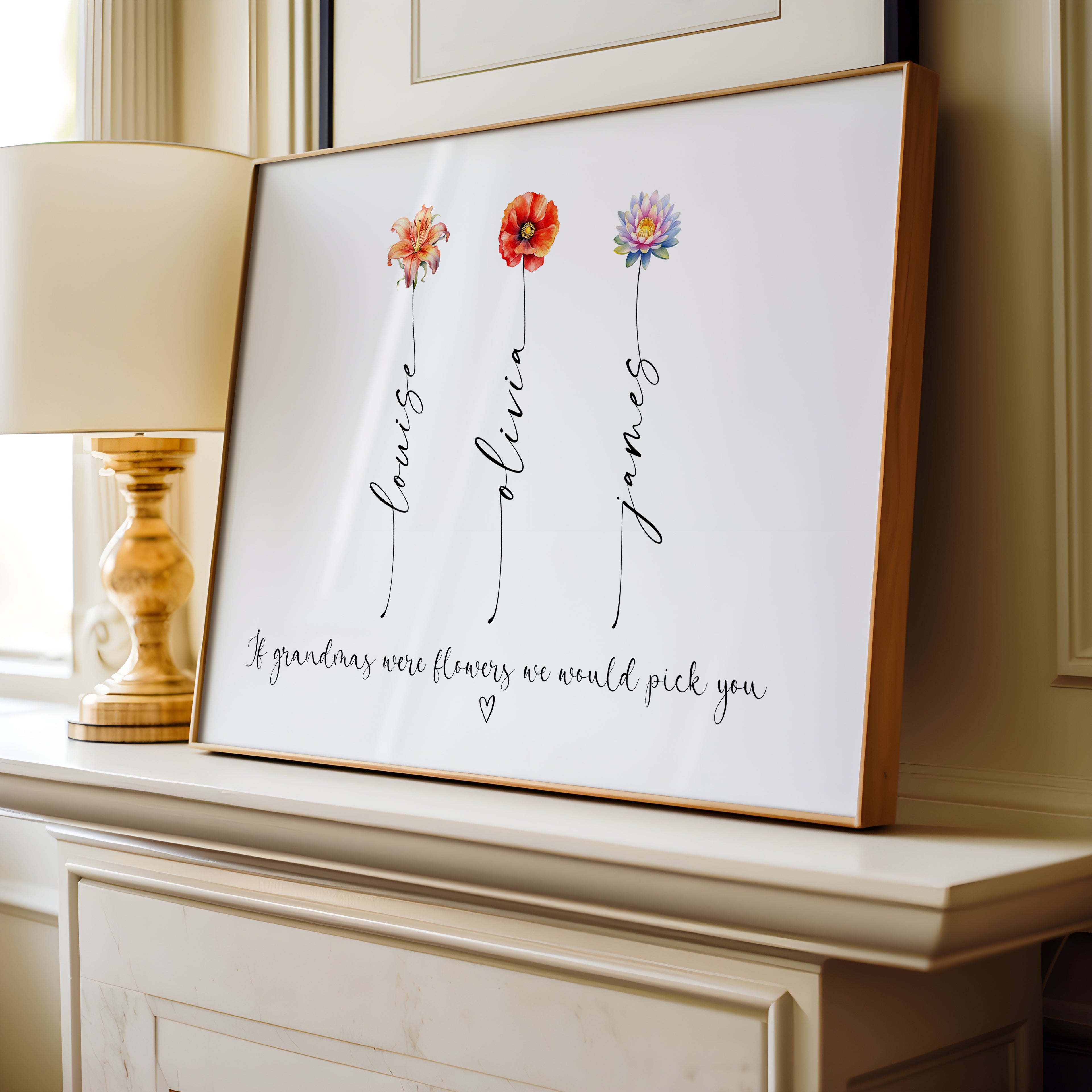 Personalised Grandma birth flower print styled with candles and flowers