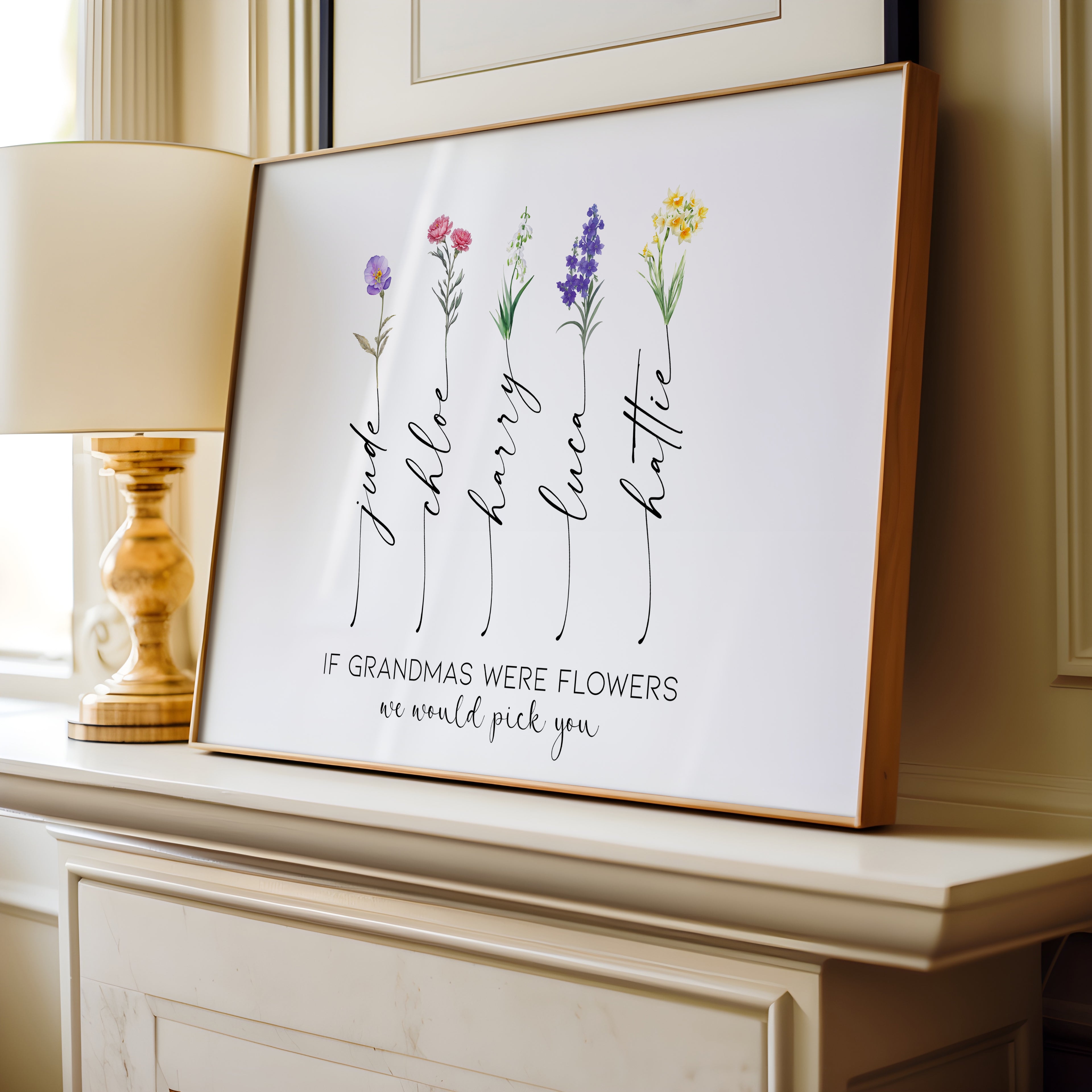 Framed personalised birth flower print for Grandma displayed in home