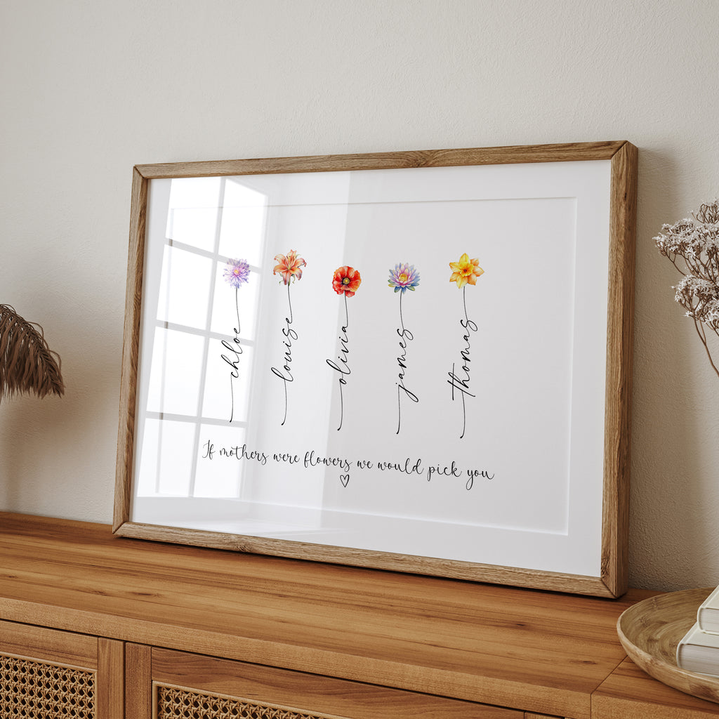 Personalised Mum birth flower print styled with home decor accessories