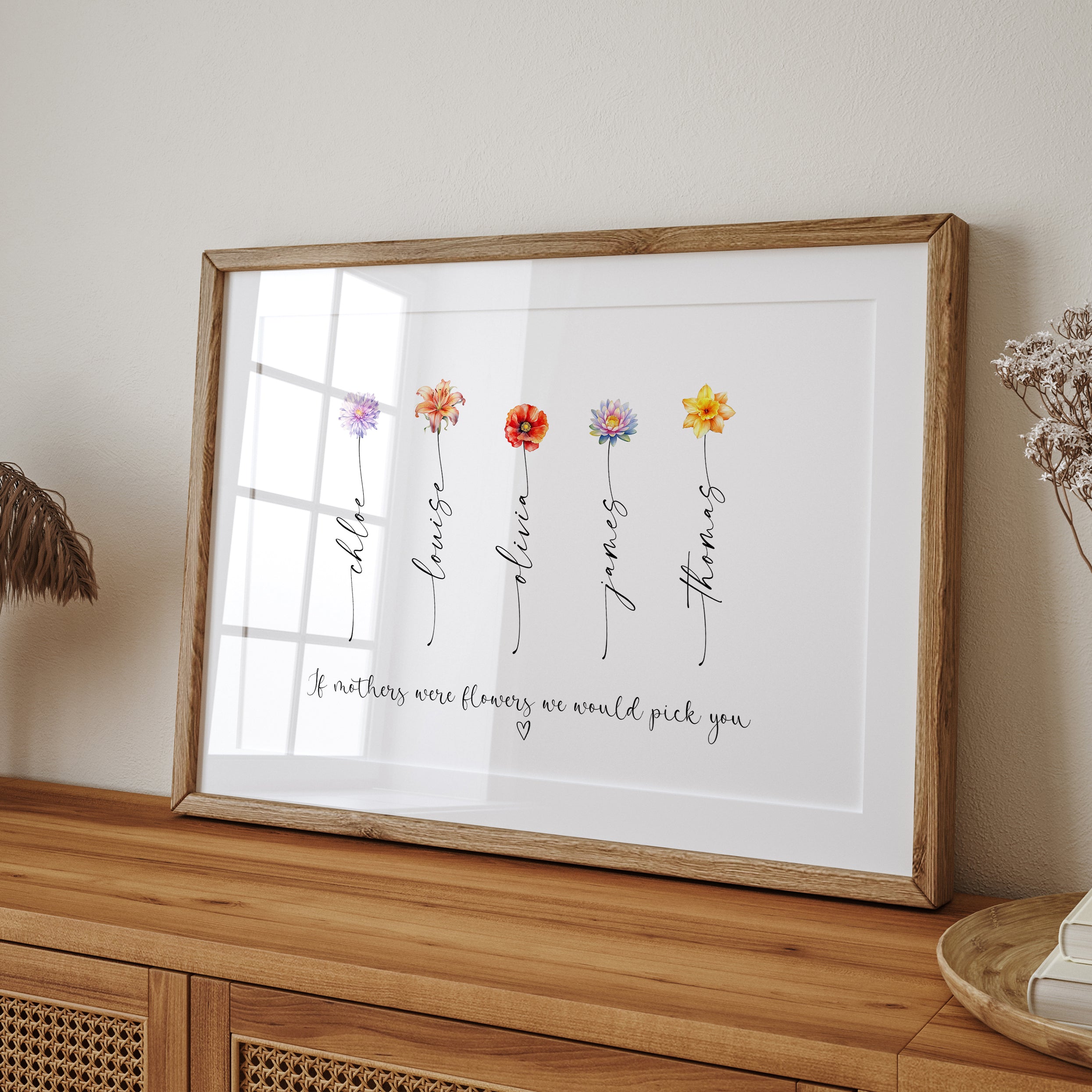 Personalised Mum birth flower print styled with home decor accessories