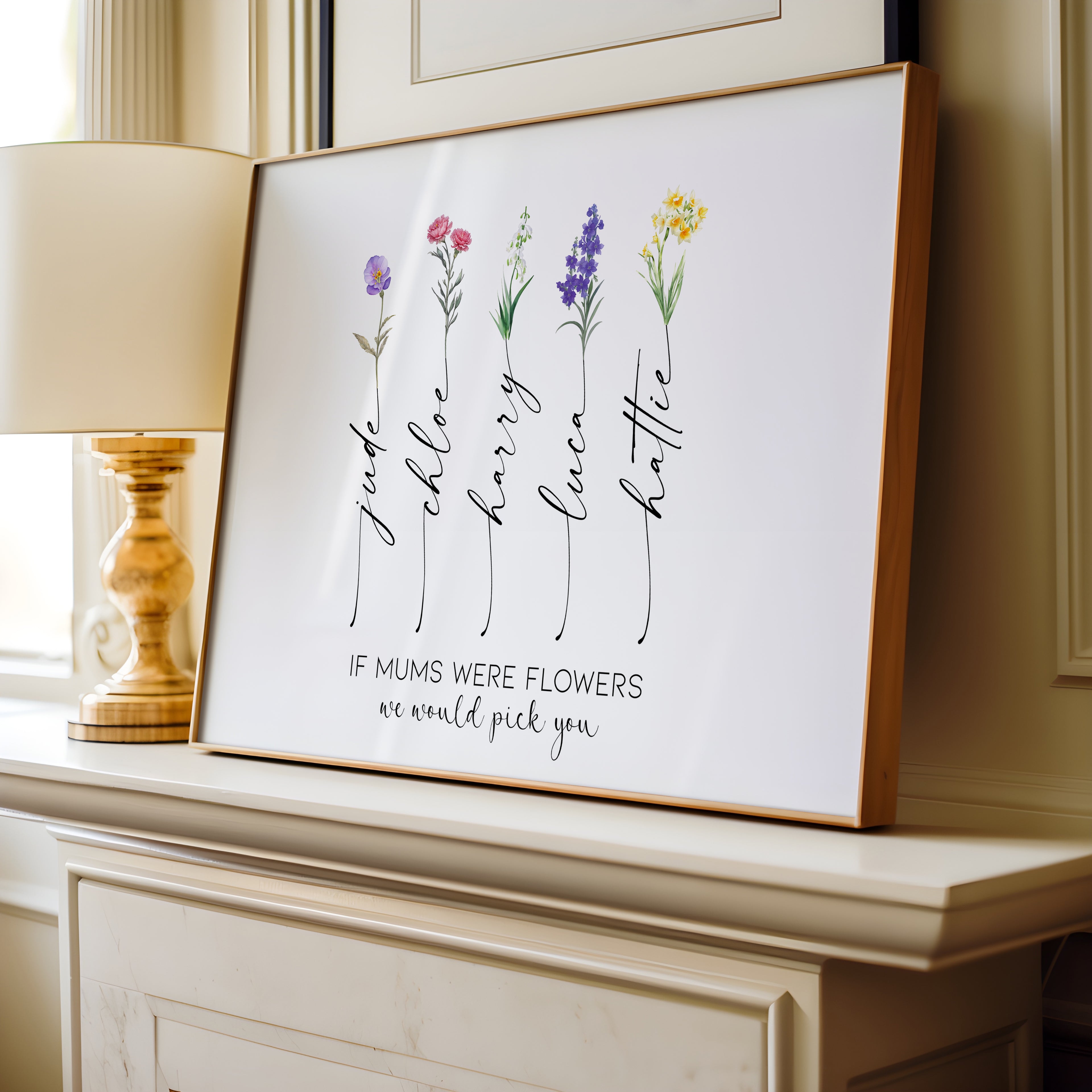 Framed personalised birth flower print for Mum displayed in home