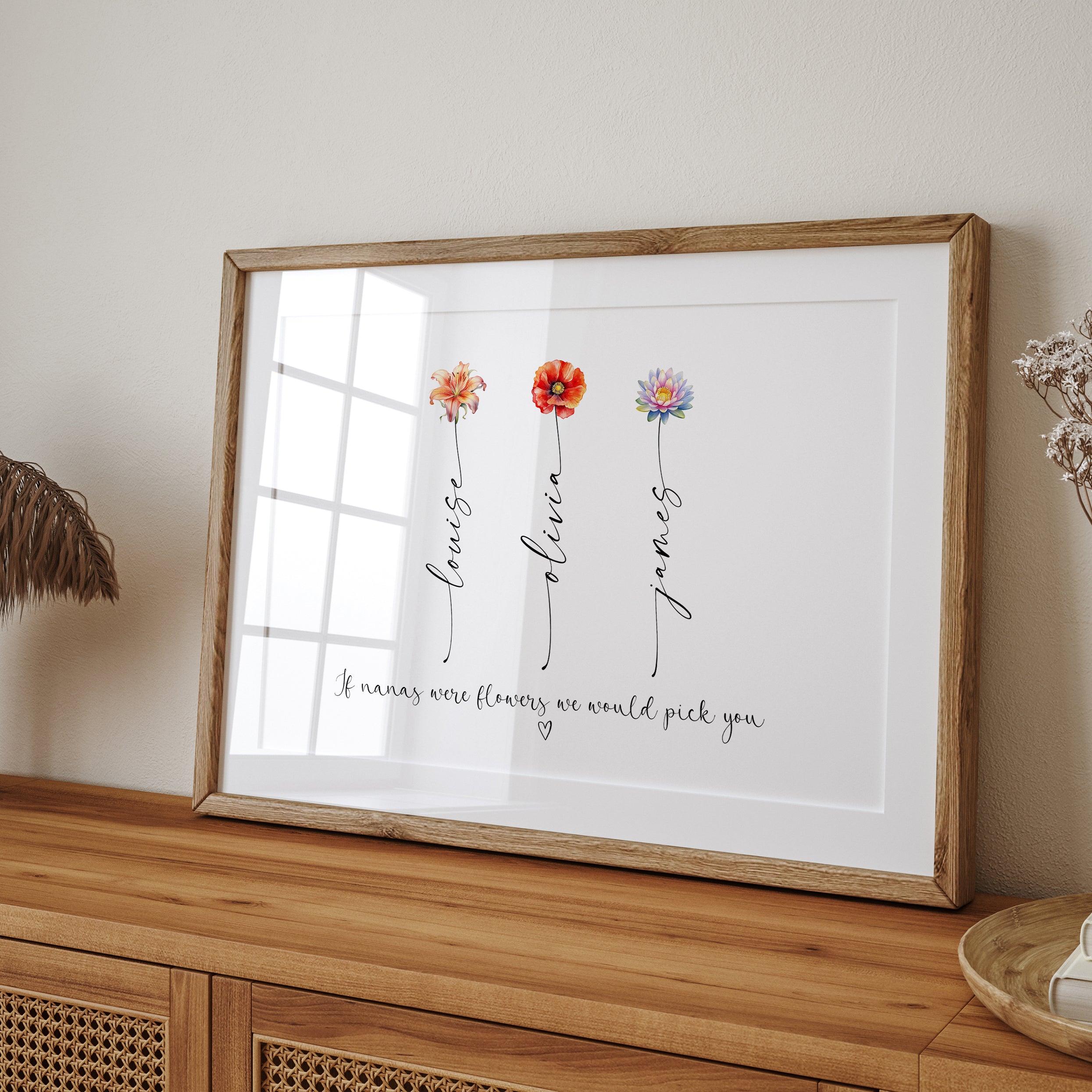 Personalised Nana birth flower print styled with flowers and candles