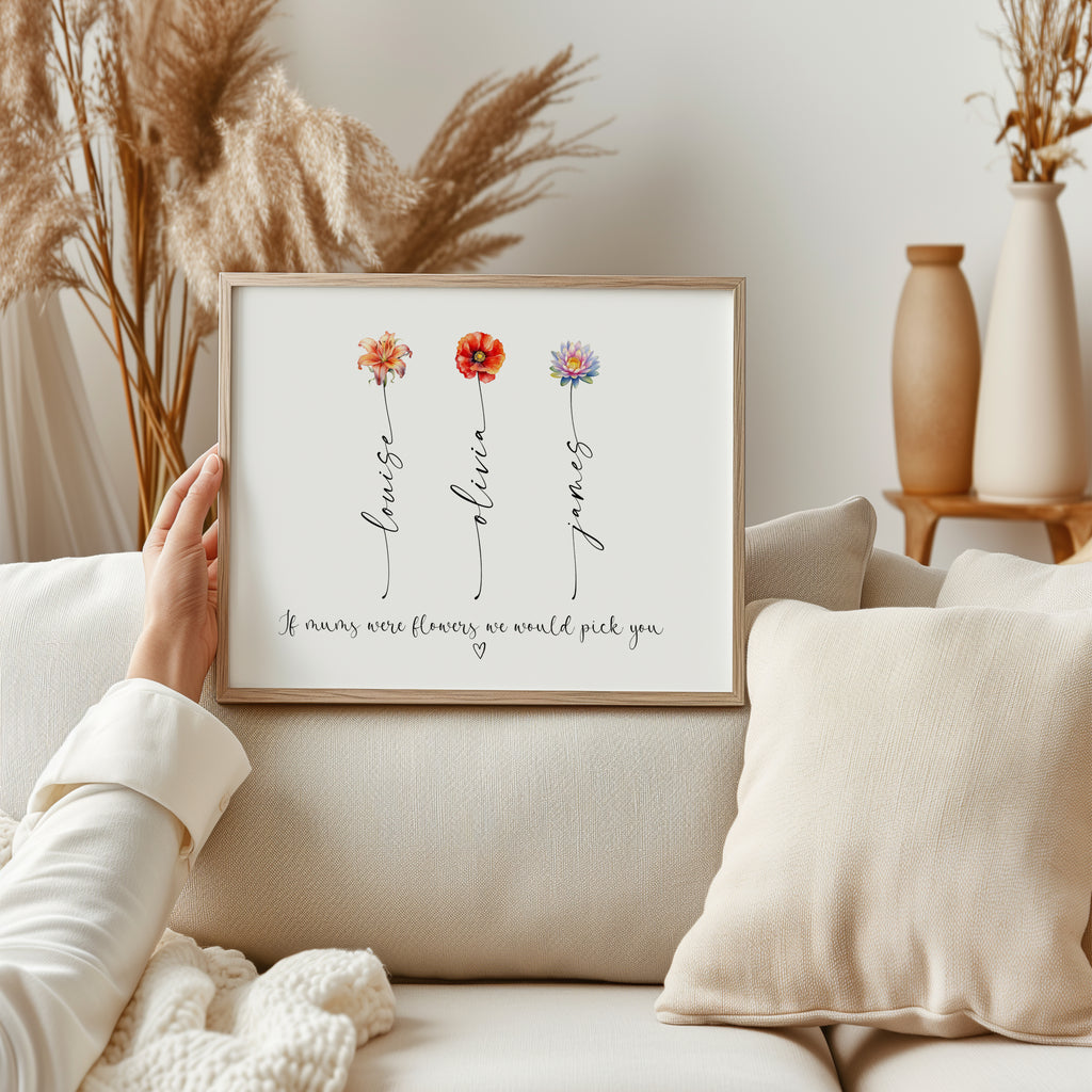 Close-up of delicate birth flower illustrations on Mum’s personalised print