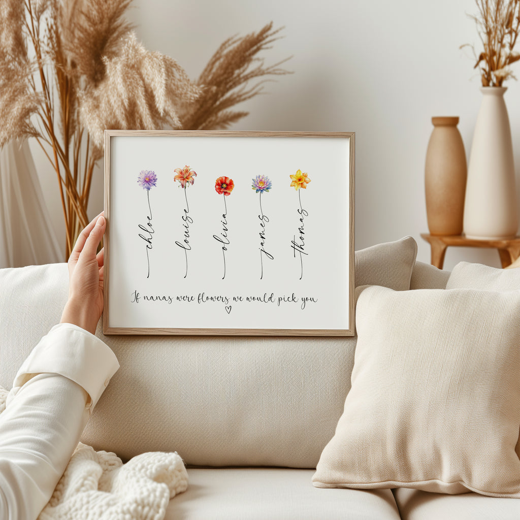 Close-up of illustrated birth flowers on Nana’s personalised print
