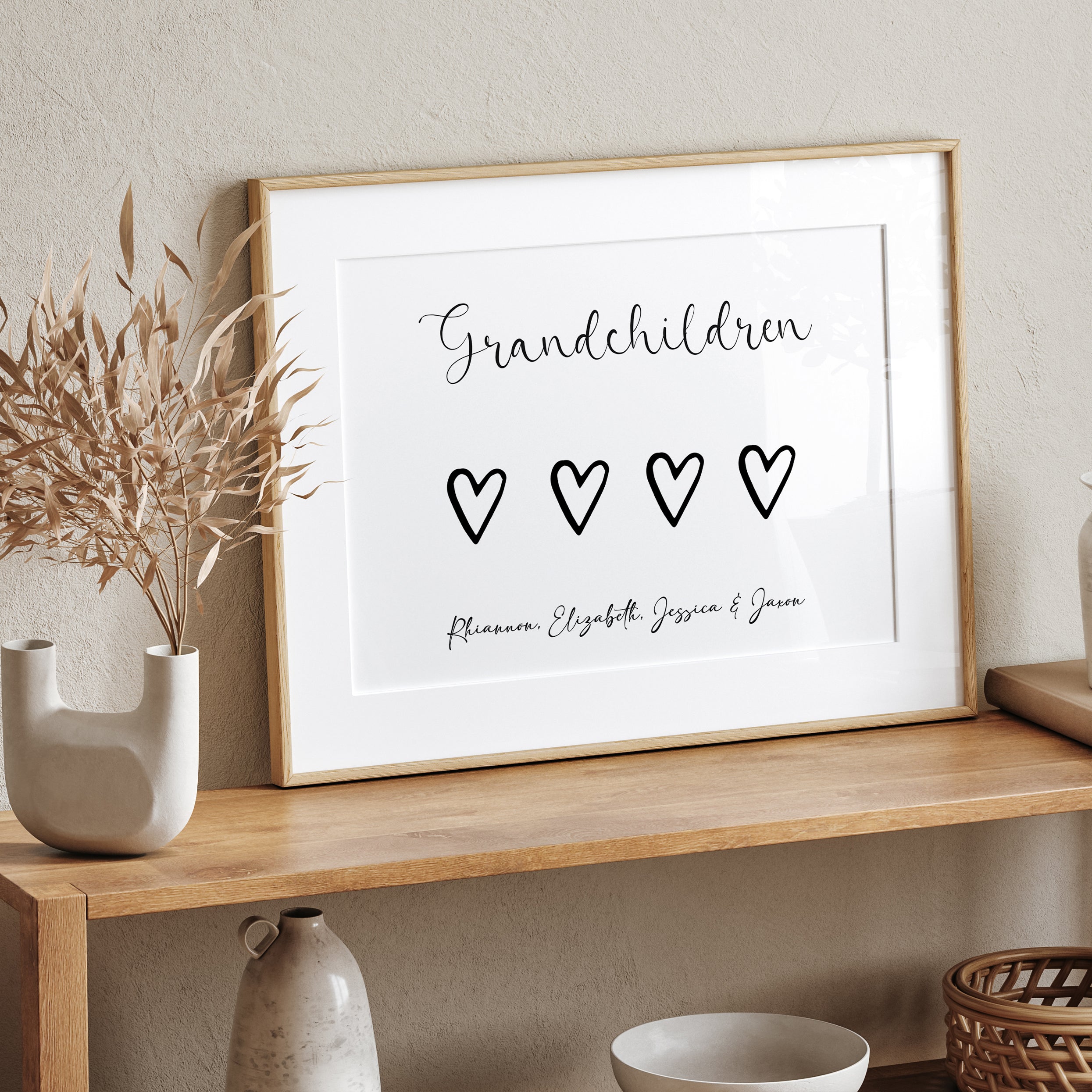 Framed personalised Our Family wall art displayed in modern home