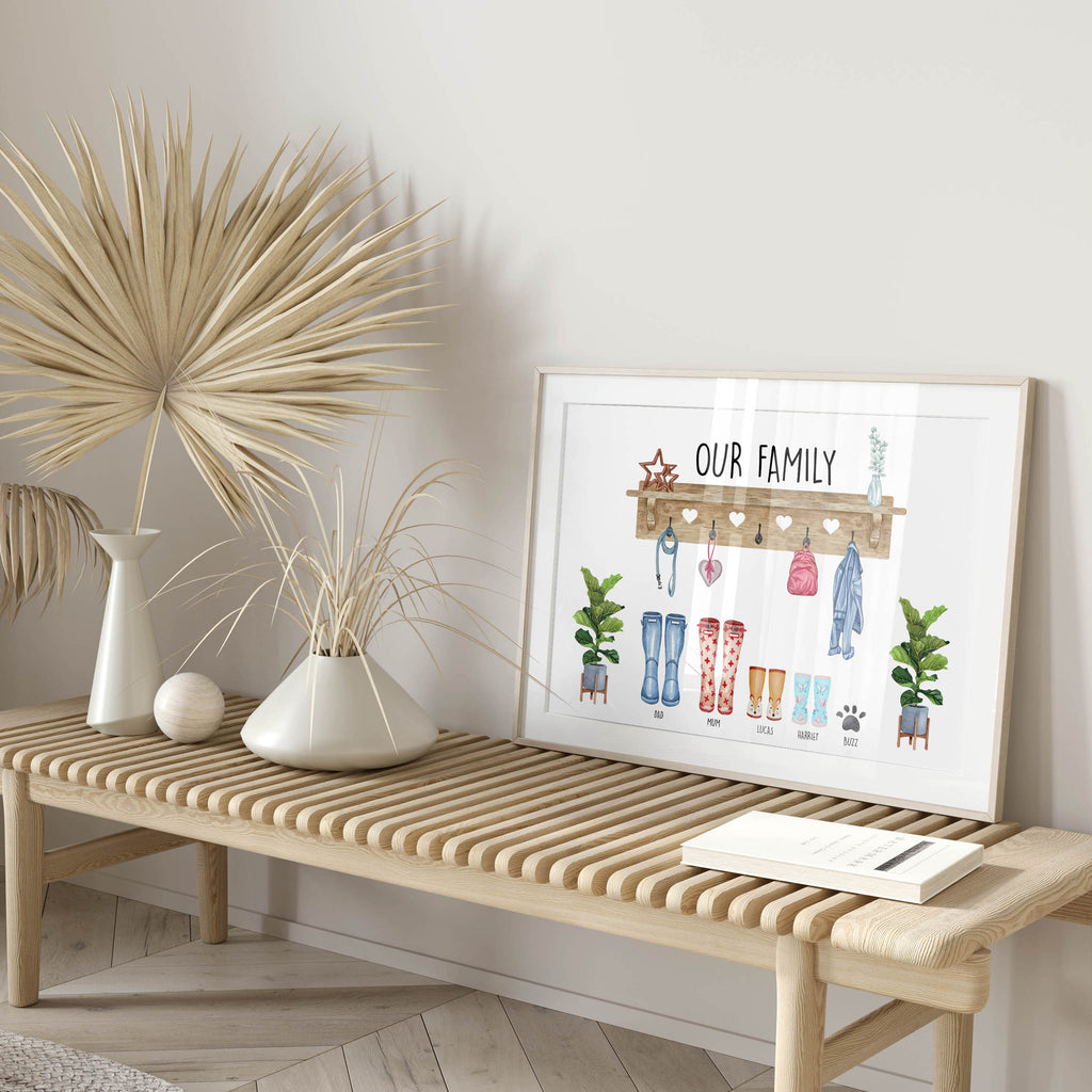 Detail of personalised Our Family Print showing illustrated clothing and names