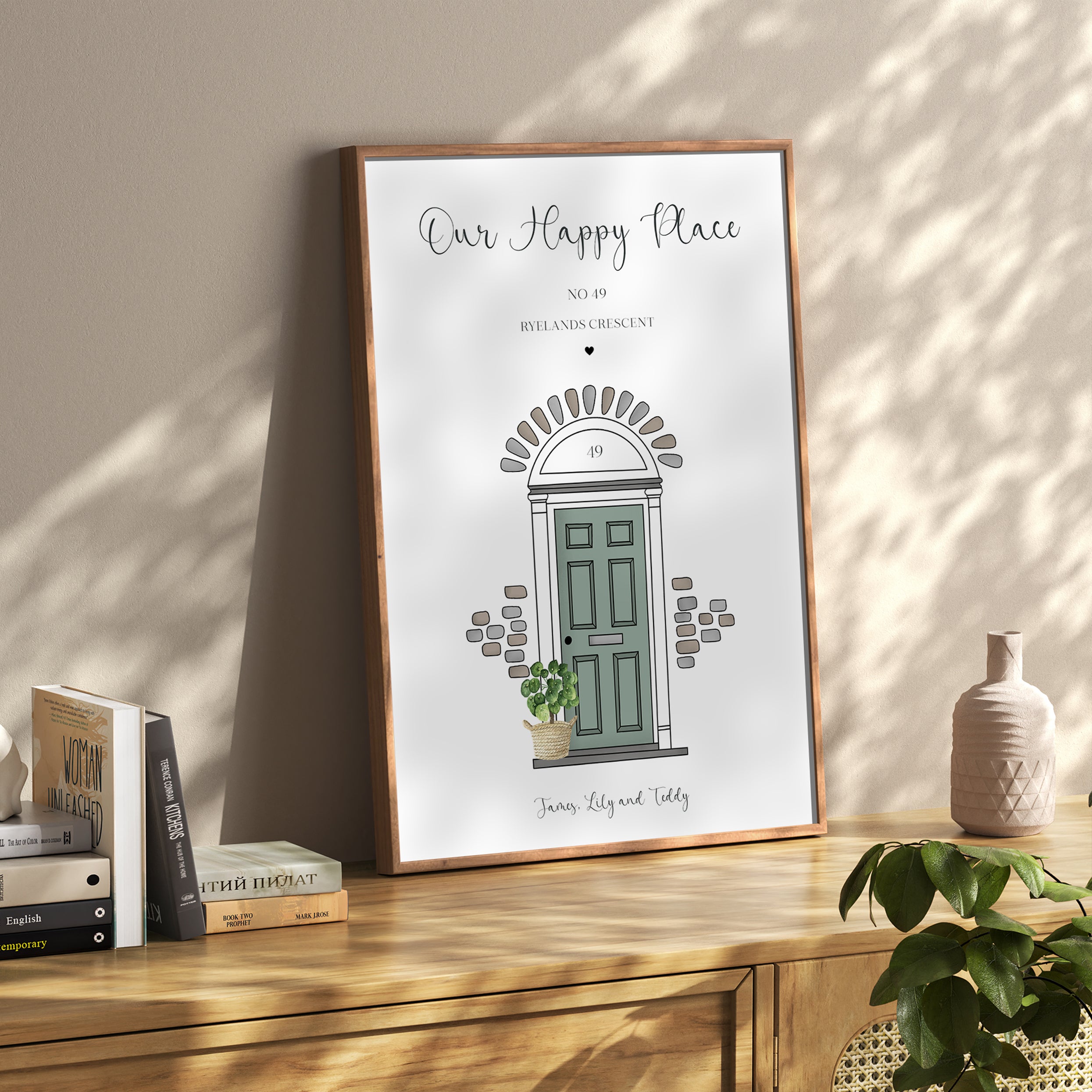 Detailed shot of the “Our Happy Place” front door print on matte paper