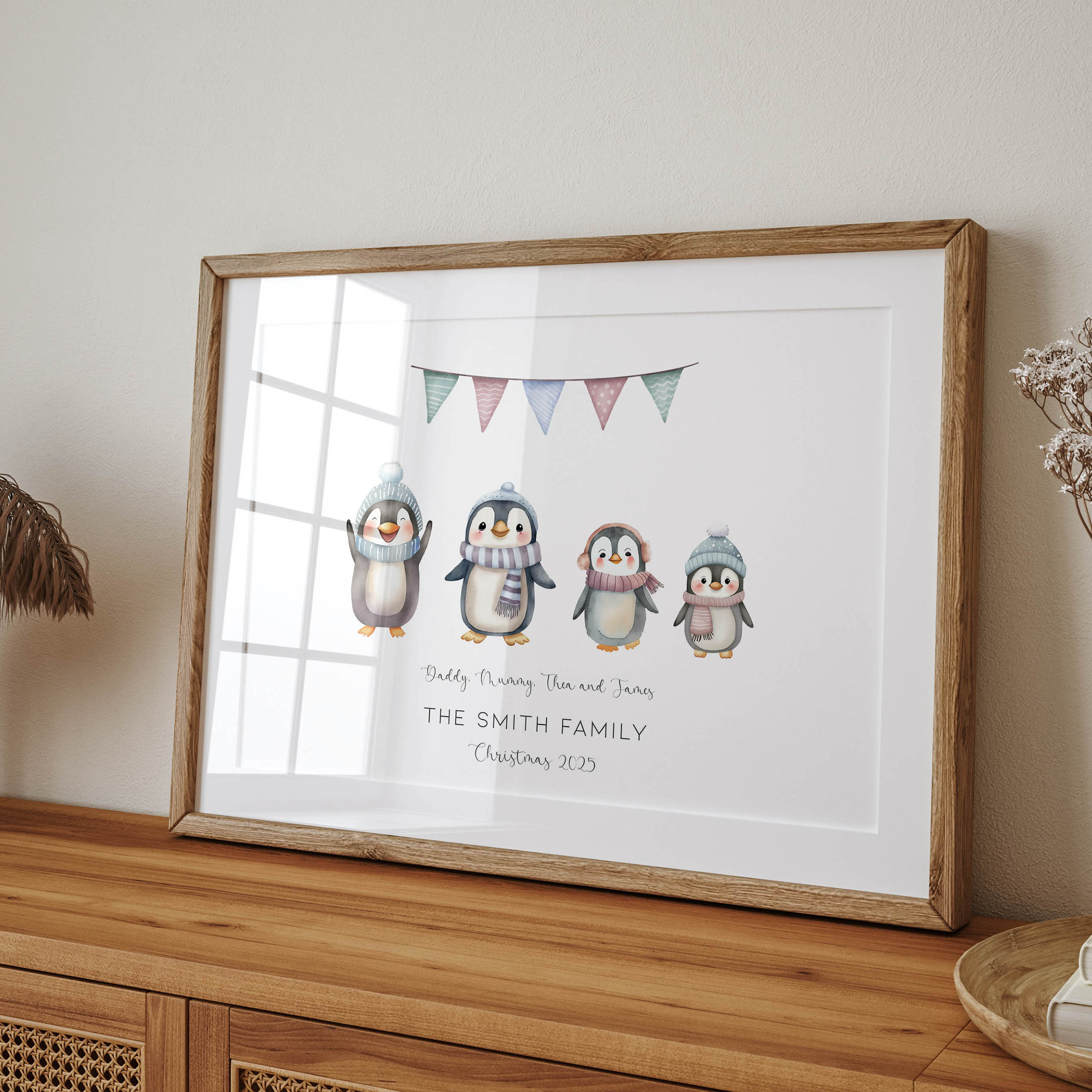 Detailed shot of personalised penguin family Christmas print on matte paper