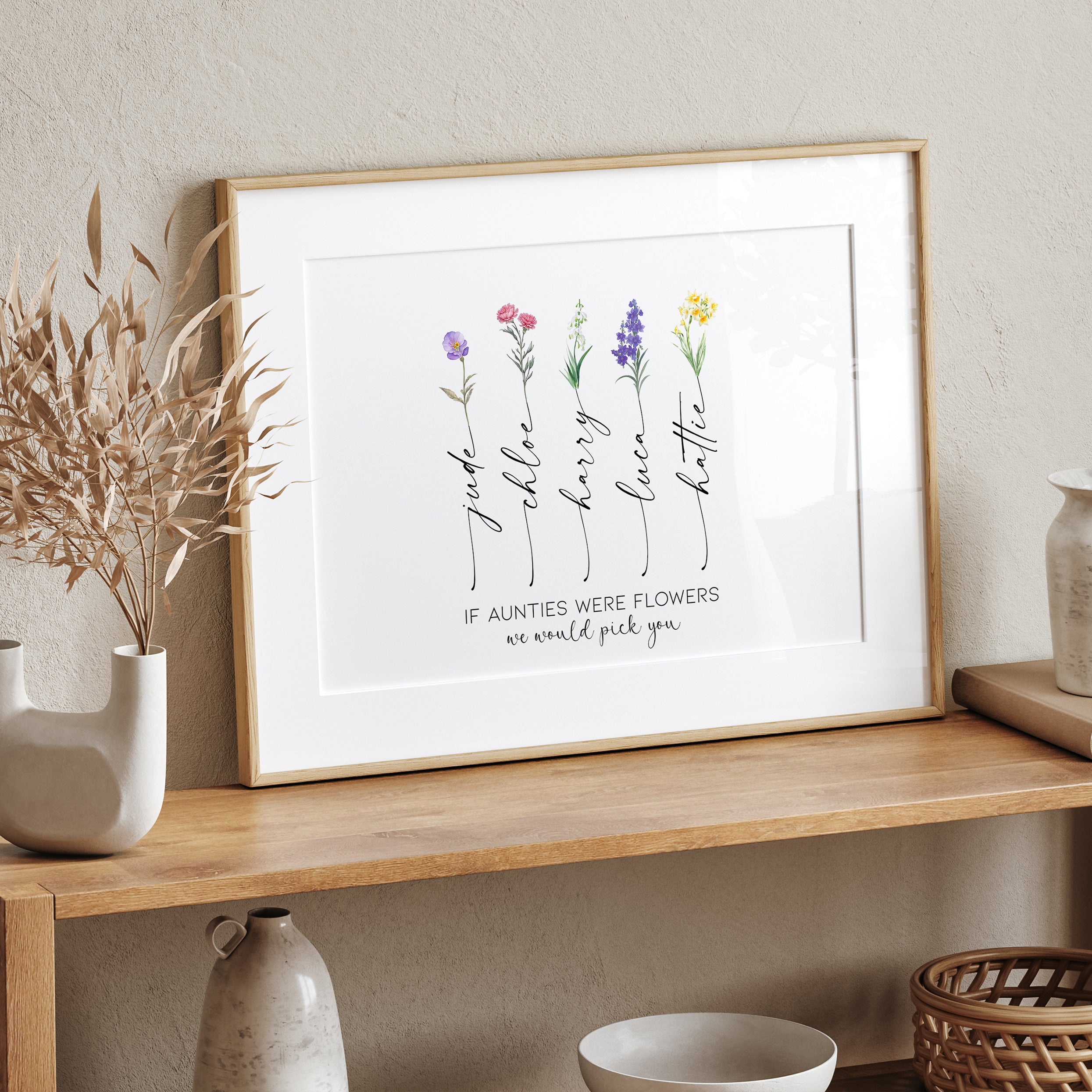 Flatlay of unframed personalised Auntie birth flower print shown on desk