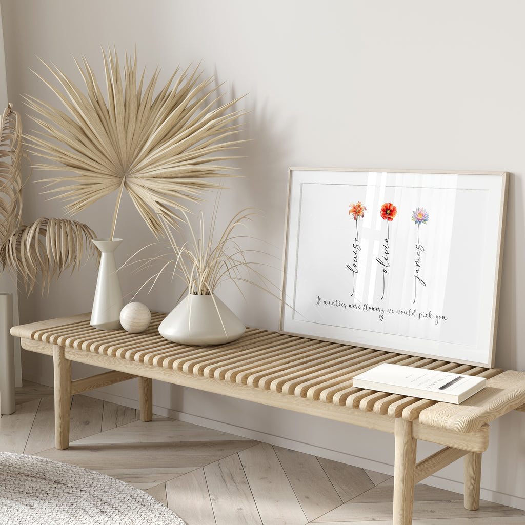 Unframed personalised Auntie birth flower print laid flat on wooden surface