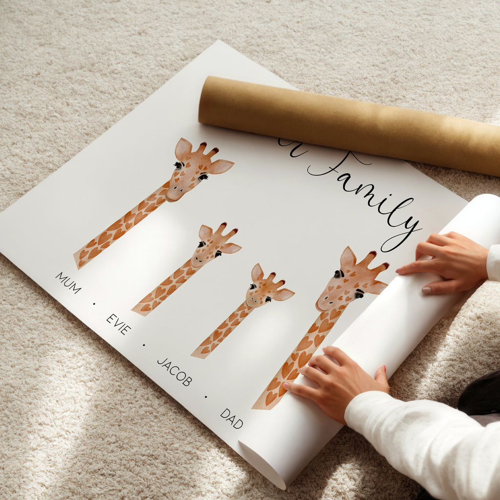 Gift-ready personalised giraffe family print, perfect for any family occasion