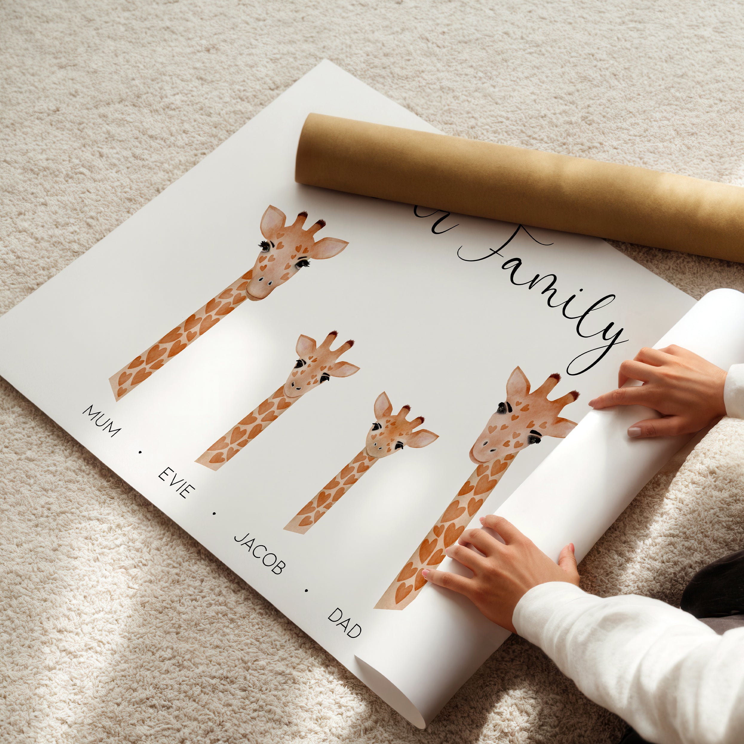 Gift-ready personalised giraffe family print, perfect for any family occasion