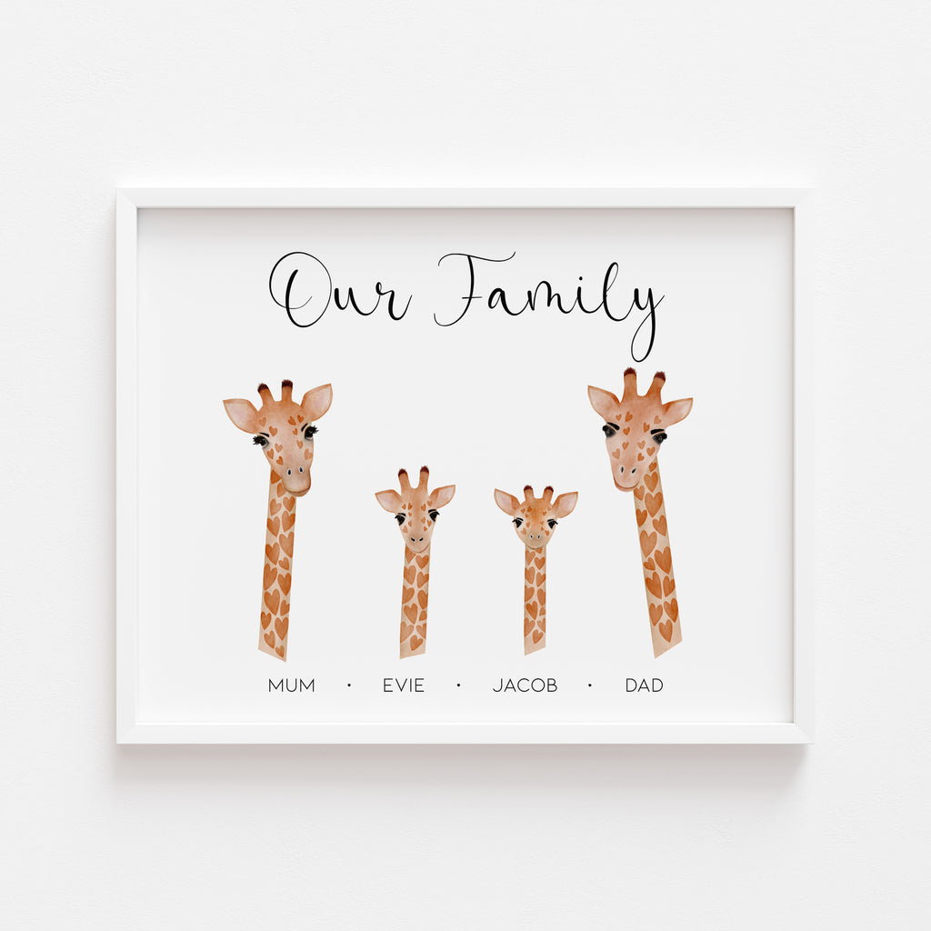 Personalised Family Giraffe Print featuring family names and illustrated giraffes