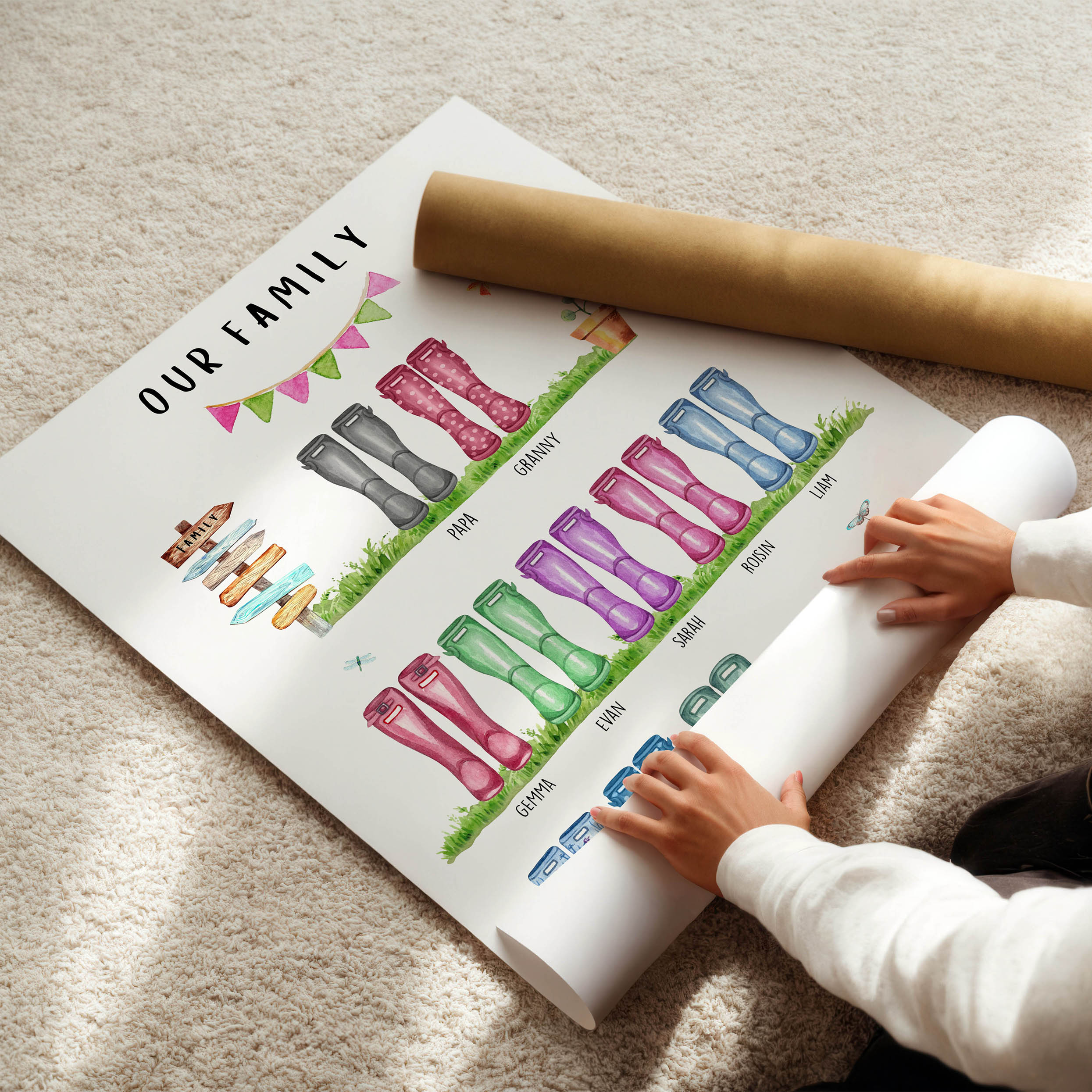 Gift-ready personalised family tree welly boot print, perfect for family gifts