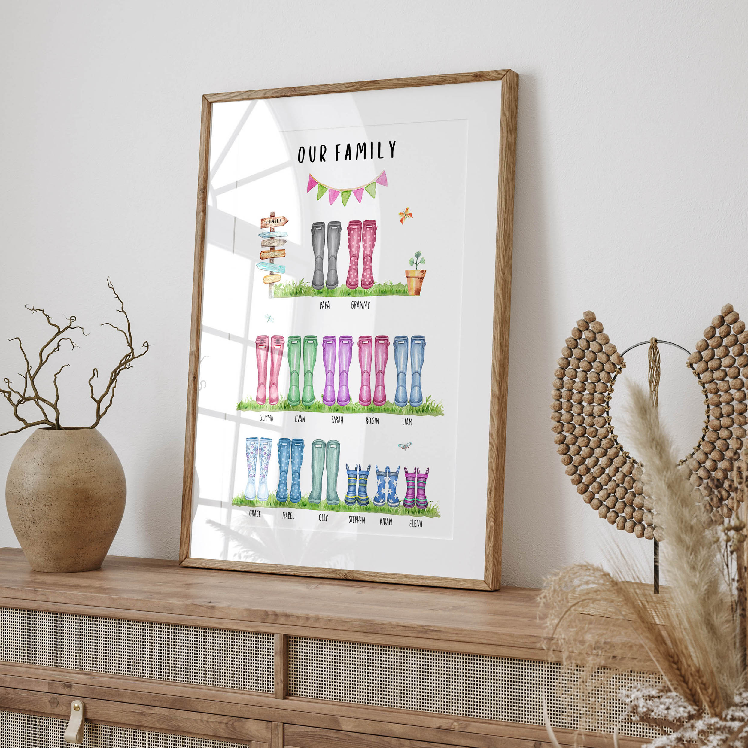 Framed personalised family tree welly boot print displayed in cosy home