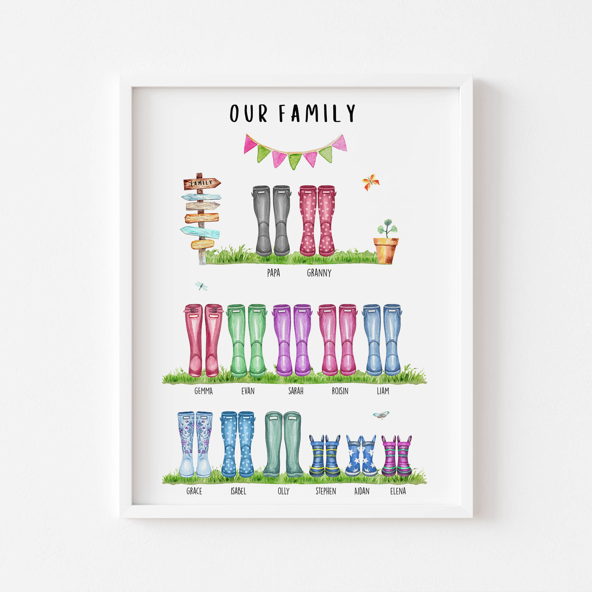 Personalised Family Tree Welly Boot Print featuring grandparents, parents and children