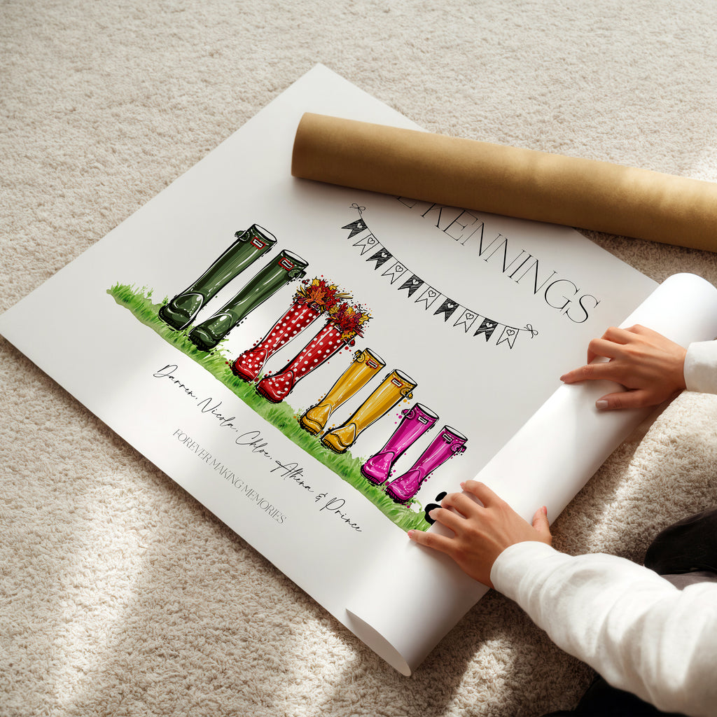 Gift-ready personalised family welly boot print, perfect for any occasion