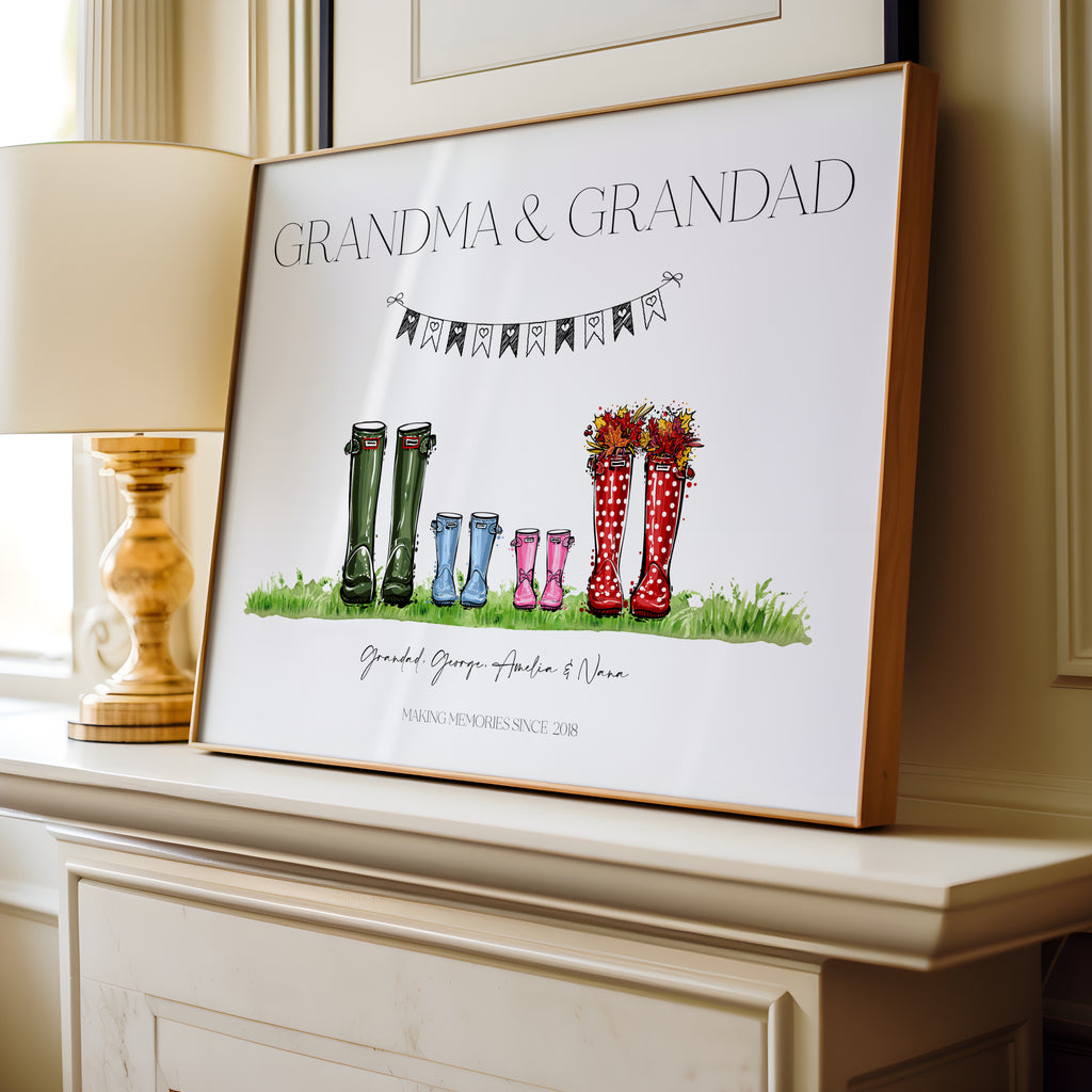Flatlay of unframed personalised family welly boot print shown on desk
