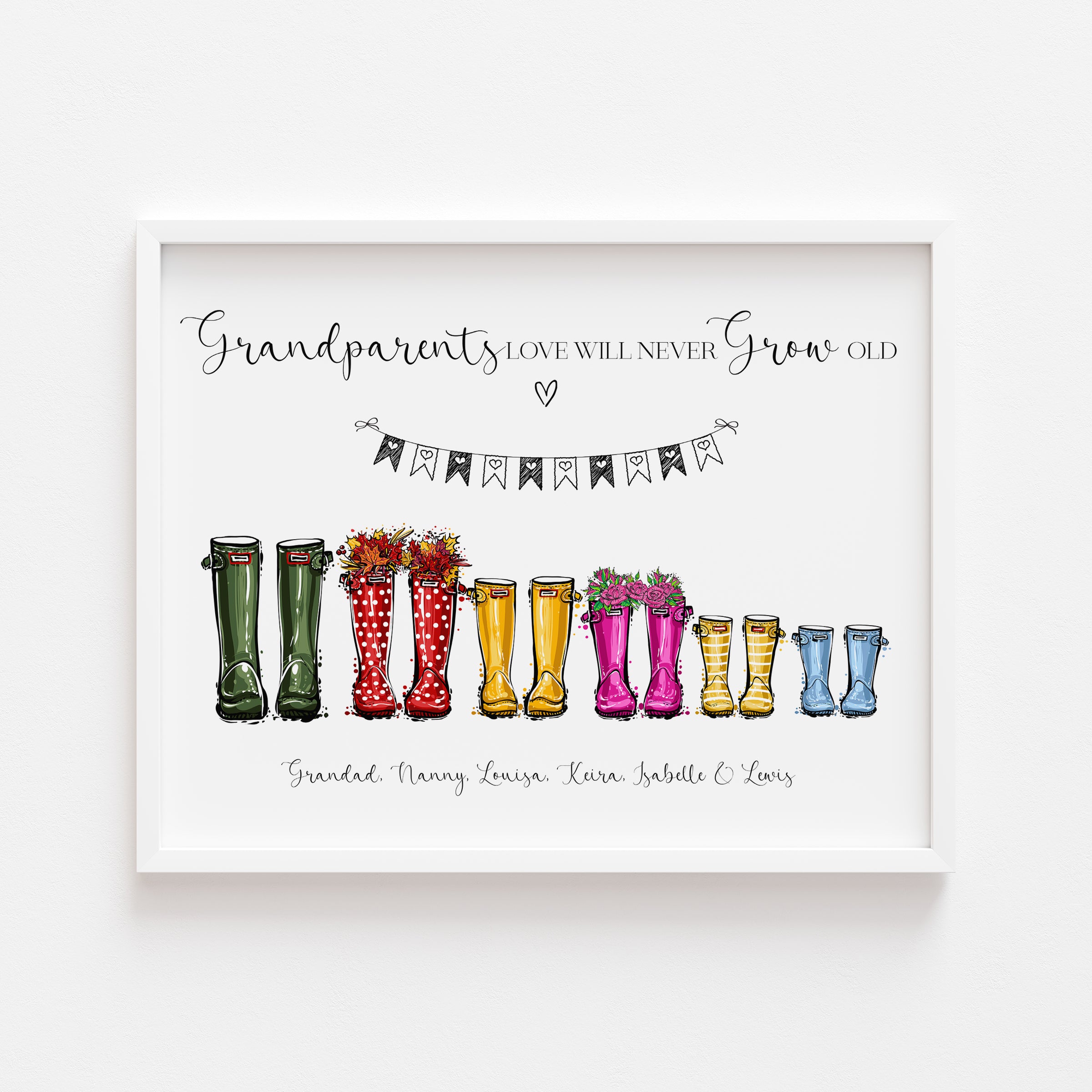 Personalised family welly boot print for Nana and Grandad featuring names and boots