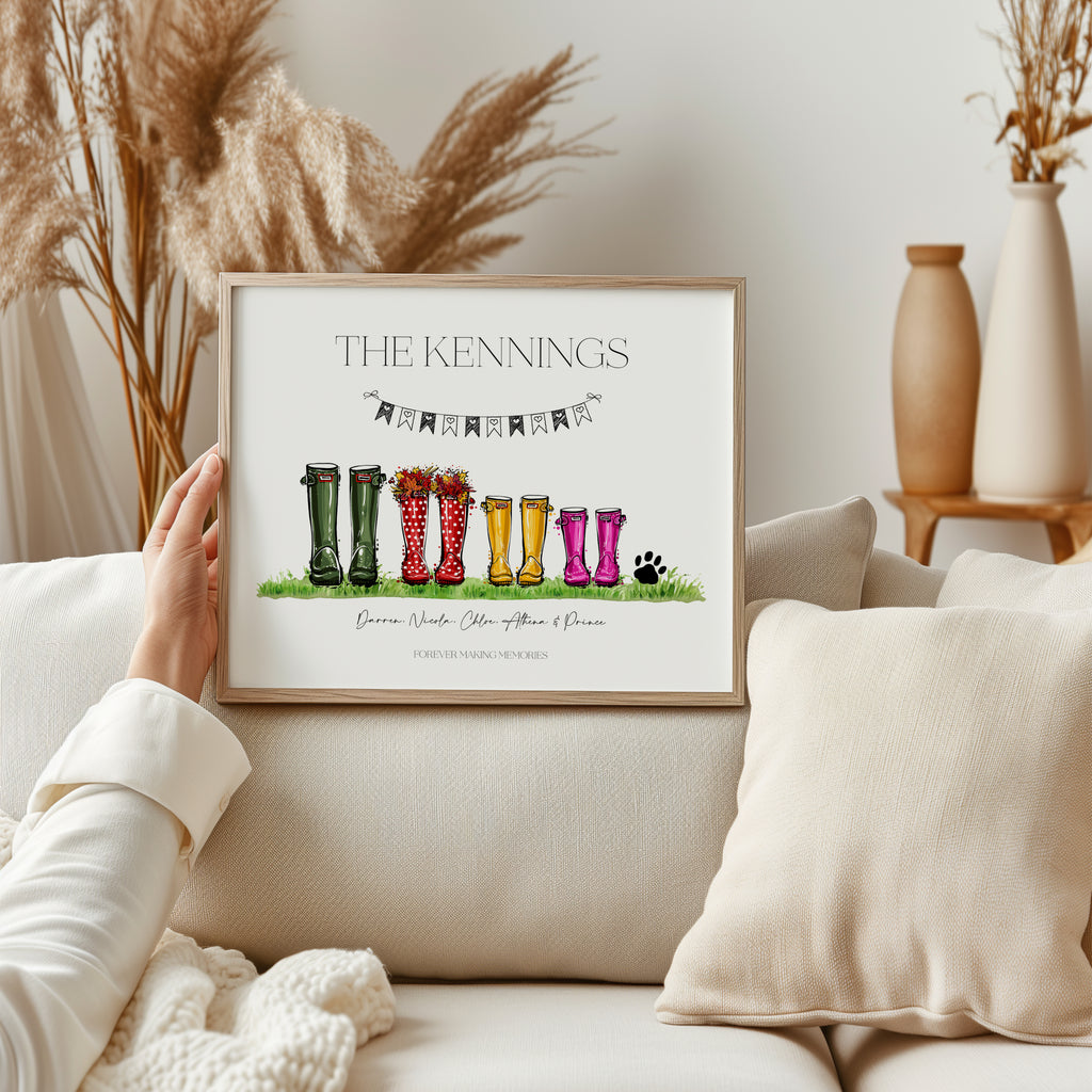 Framed personalised family welly boot print displayed in cosy home