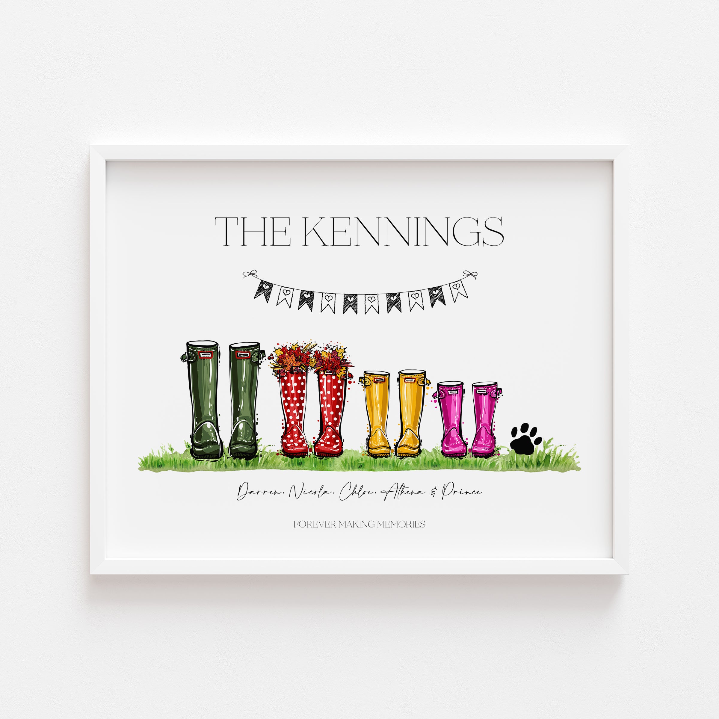 Personalised Family Welly Boot Print featuring family names and boot styles