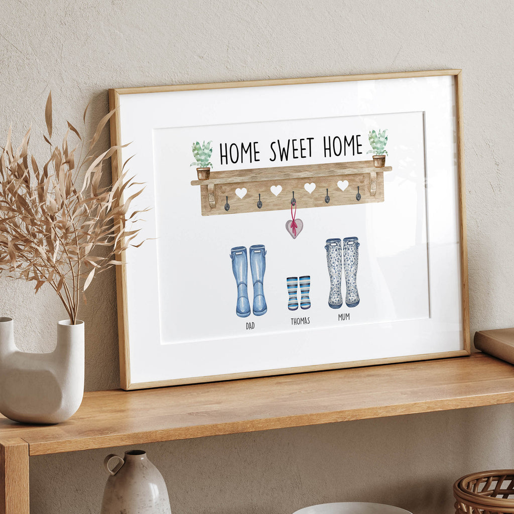 Close-up of personalised Our Family Welly and Coat Print showing names and details