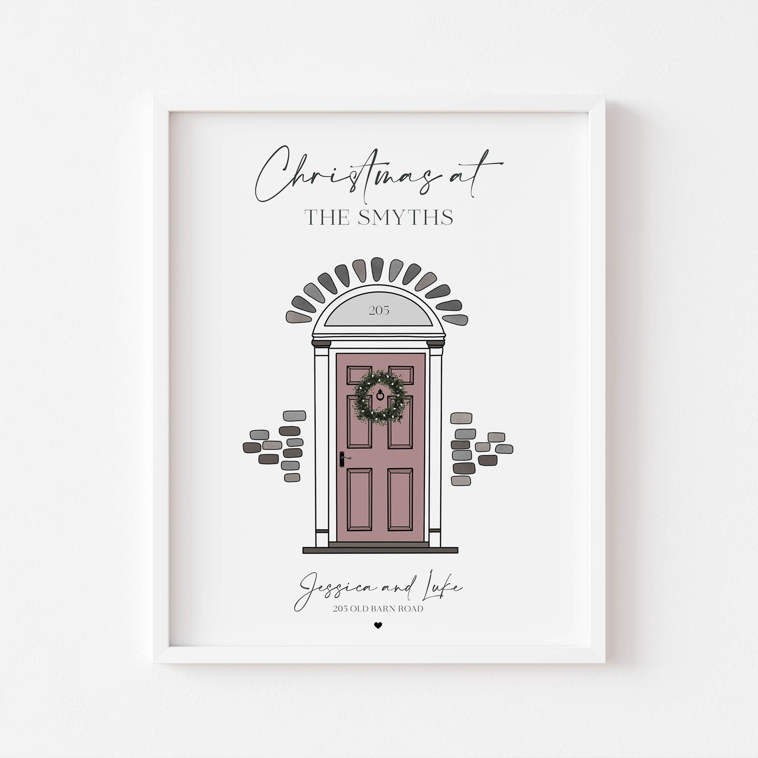 Personalised Front Door Christmas Print featuring festive door and family name