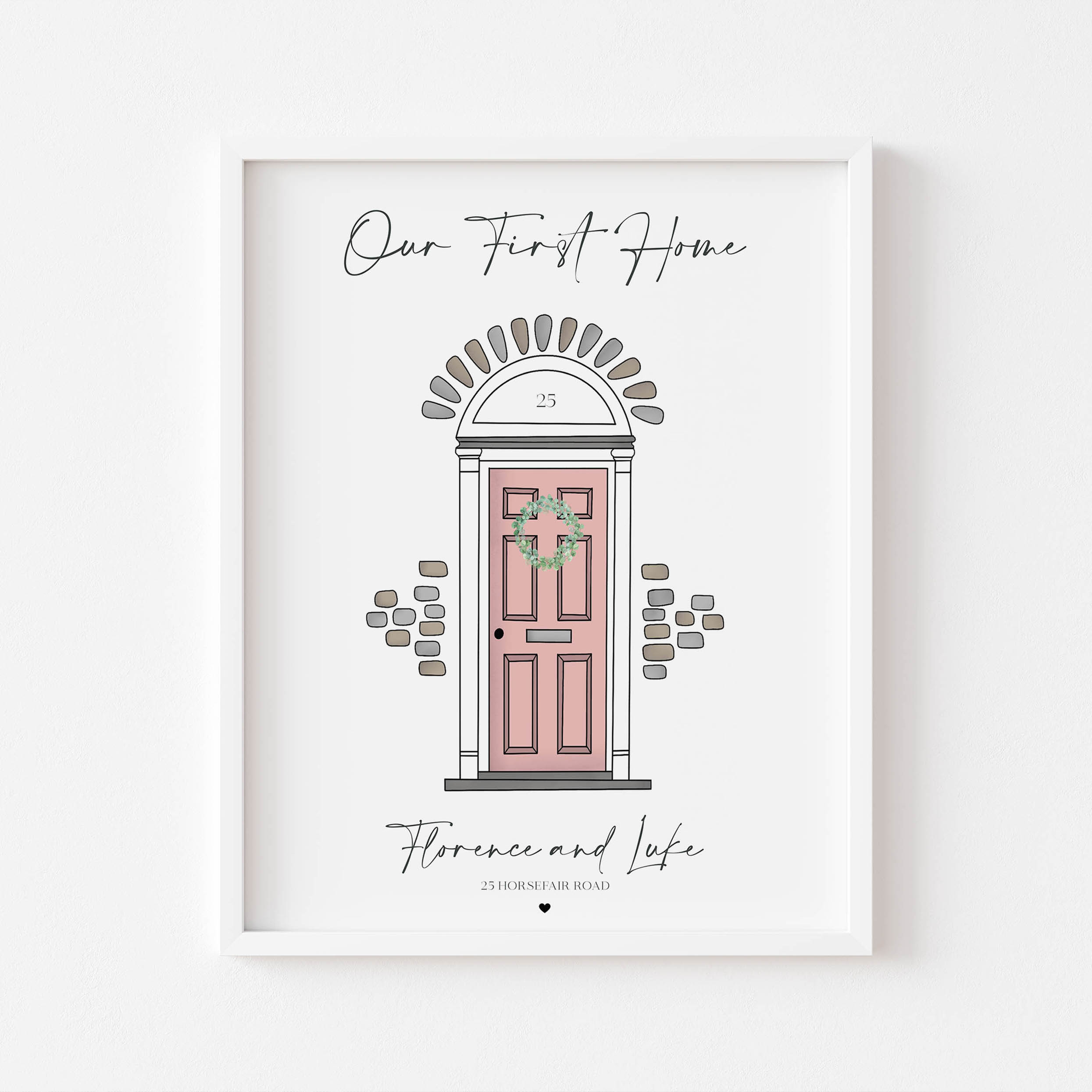 Personalised Front Door Print titled “Our First Home” featuring address and names