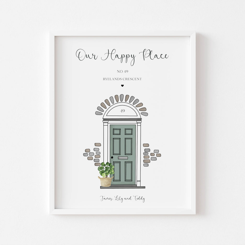 Personalised front door print titled “Our Happy Place” featuring home address and family names