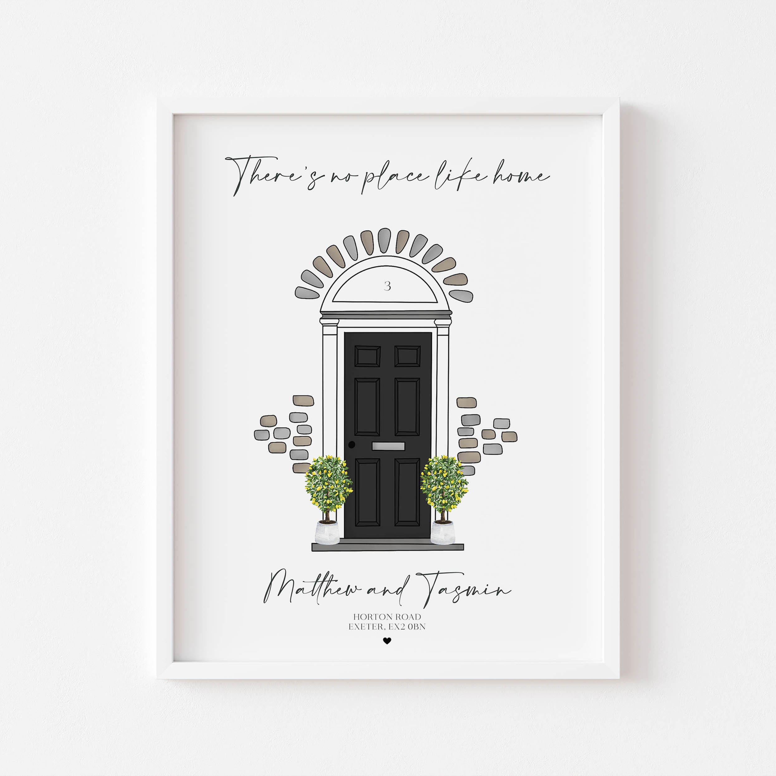 Personalised front door print titled “There’s No Place Like Home” featuring address and names
