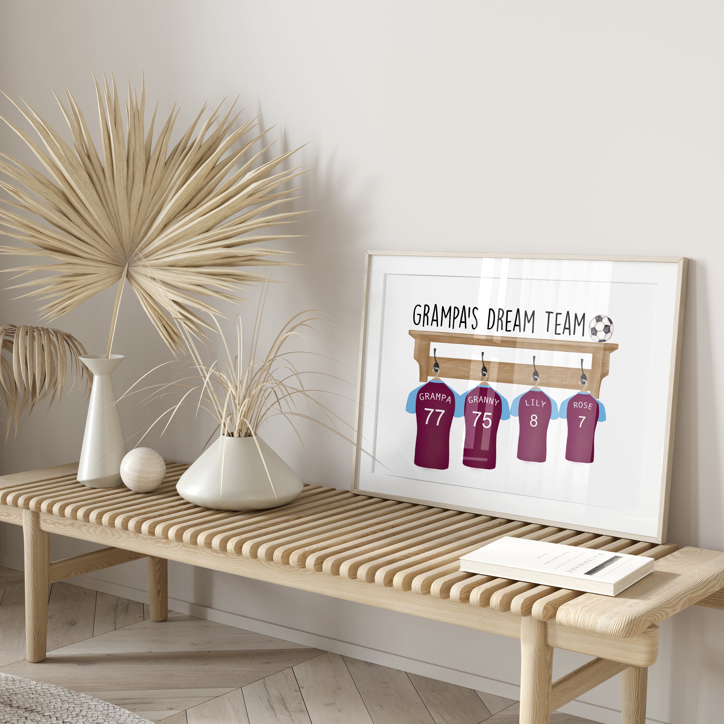 Close-up of custom football shirts with names and numbers on Grandad’s Team Print